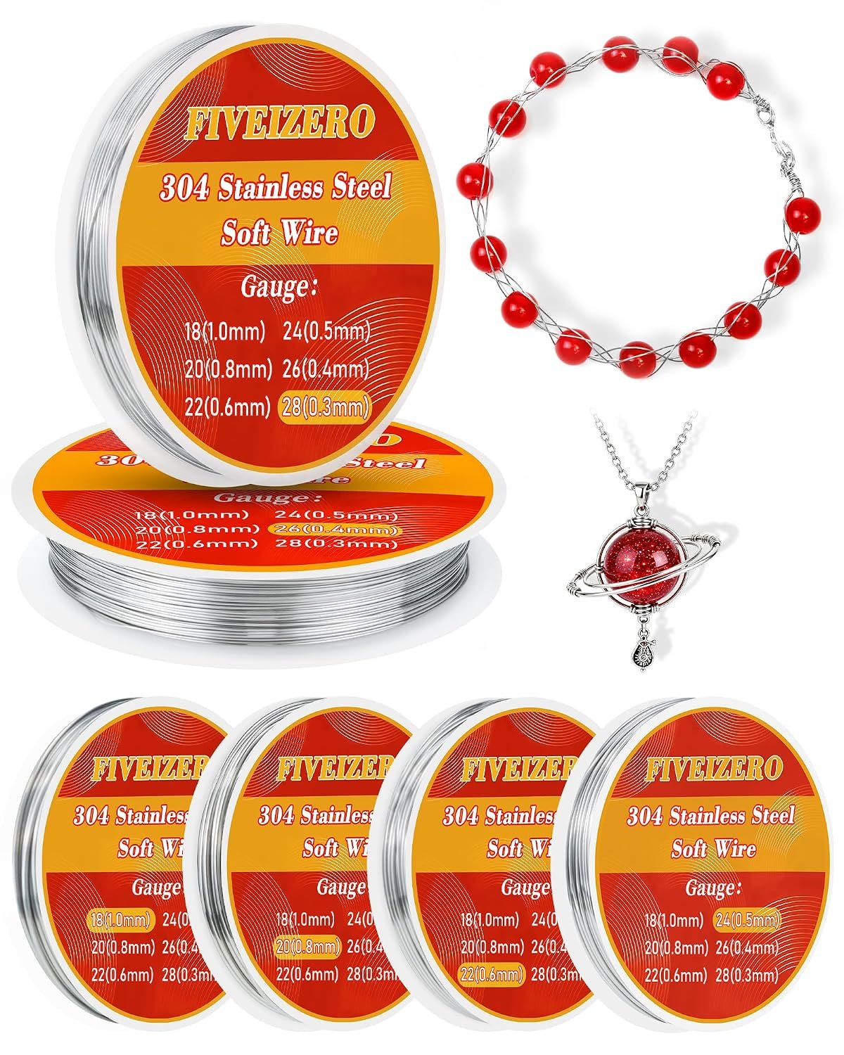 FIVEIZERO Stainless Steel Wire for Jewelry Making,Include 18/20/22/24/26/28 Gauge 304 Stainless Steel Beading Wire Thin Metal Craft Wire for Necklace,Bead Stringing,Jewelry,Father’s Day and Crafts
