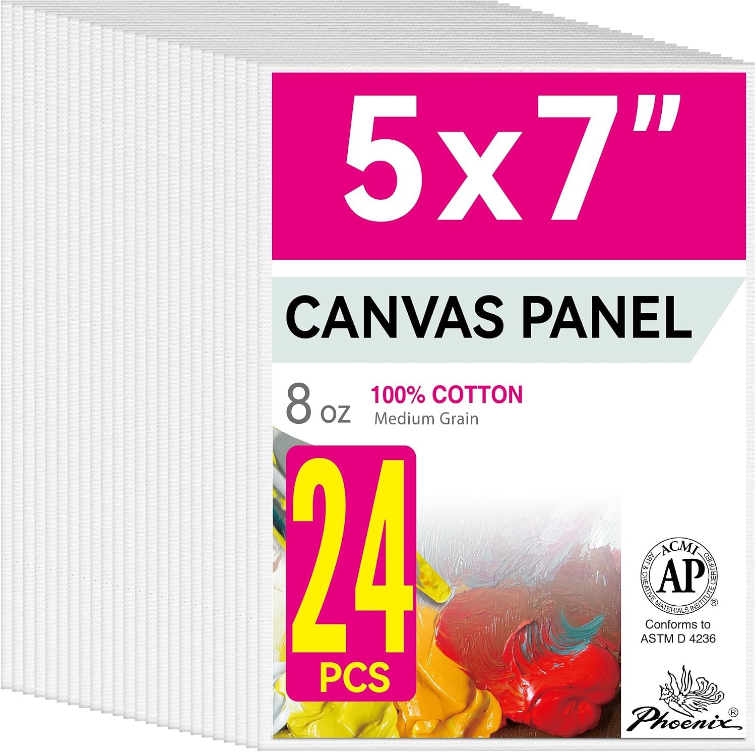 PHOENIX Small Painting Canvas Panels 5×7 Inch, 24 Bulk Pack – 8 Oz Triple Primed 100% Cotton Acid Free Canvas Boards for Painting, White Blank Flat Canvas Boards for Acrylic, Oil Paints