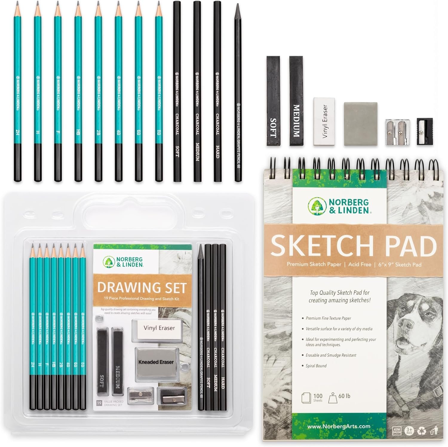 Drawing Set – Sketching and Charcoal Pencils – 100 Page Drawing Pad, Kneaded Eraser. Art Kit and Supplies for Kids, Teens and Adults, Sketch Set