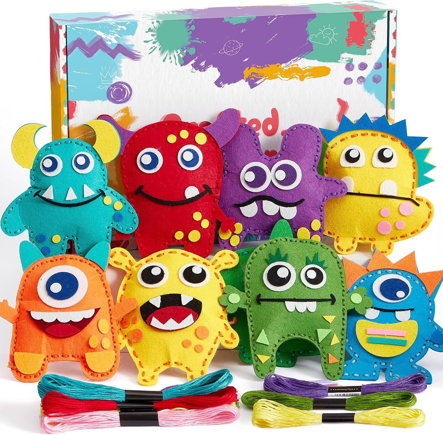 TUZT My First Sewing Kit for Kids – Monster Sewing Craft Kit for Beginners with 12 Pre-Cut Monster Plush Toys, Scissor, Plastic Needles & Thread, DIY Felt Crafts Project for Girls & Boys Ages 6-12