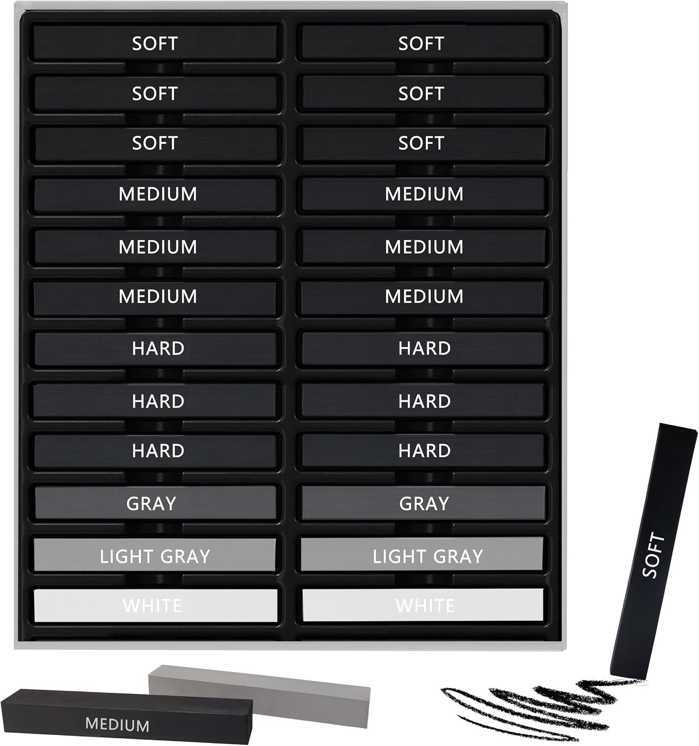 24 Pcs Compressed Charcoal Sticks with Soft, Medium, Hard and White Charcoal, Square Vine Charcoal Stick Kit for Drawing, Sketching and Shading, Art Supplies for Artists Beginners