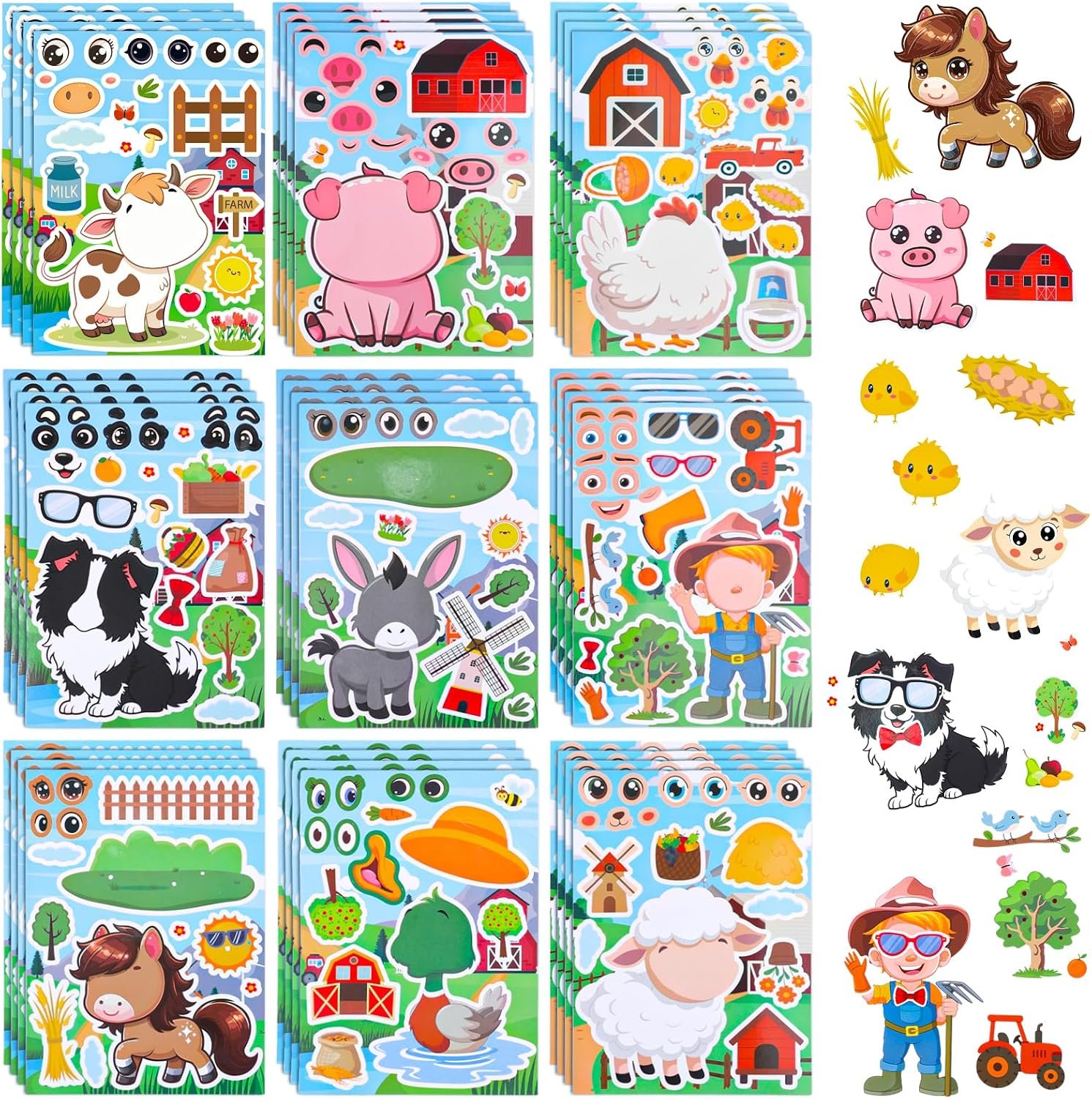 36 Sheets Farm Animal Stickers, Make Your Own Faces Stickers for Kids, Mixed and Match Animal Sticker for Farm Decorations Animals Party Classroom Craft DIY Projects, 9 Designs