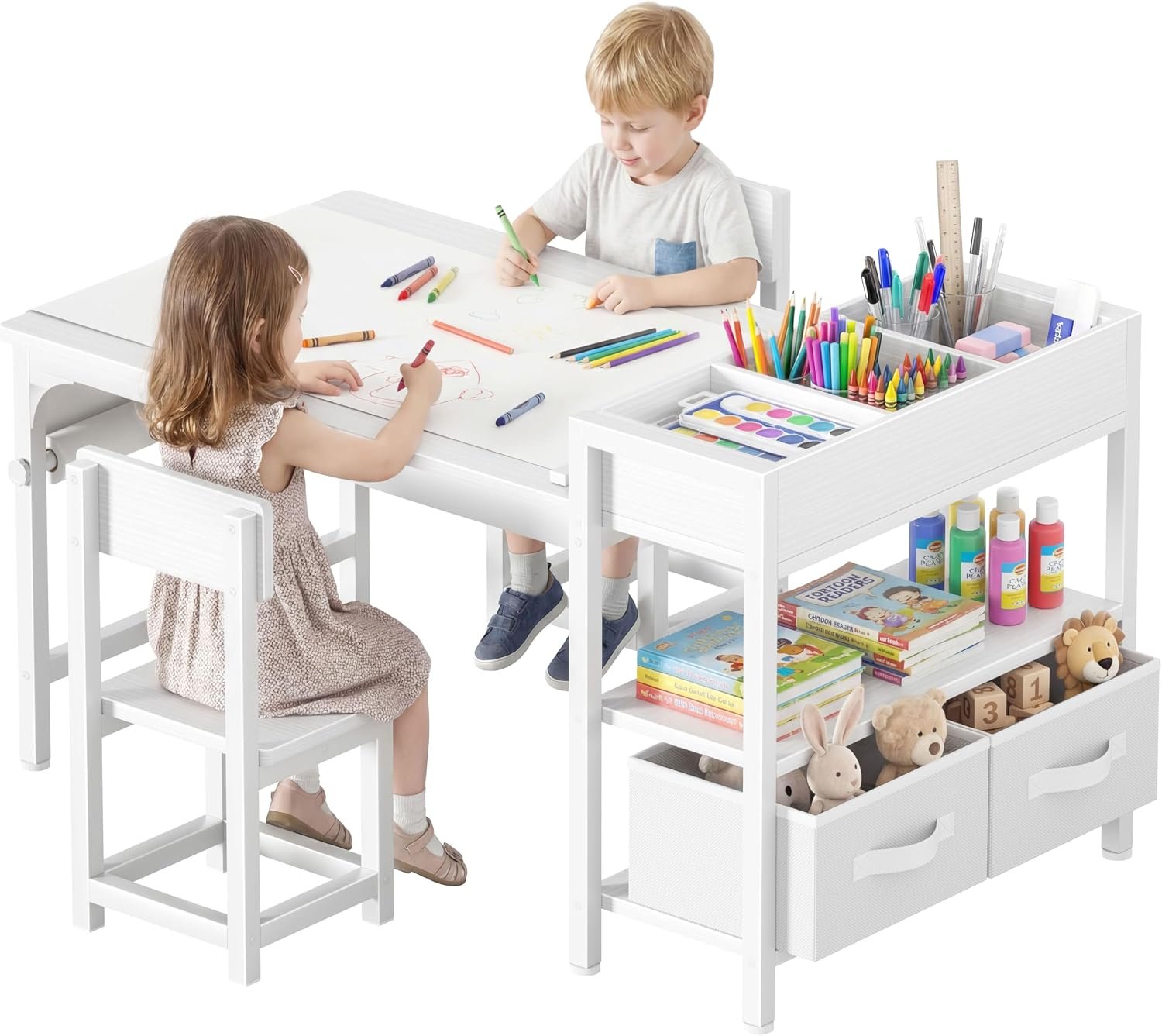 BOLUO Kids Art Table and Chair Set, Toddler Craft Table with Storage Drawers, Play Desk for Kids, Children Activity Learning Center White