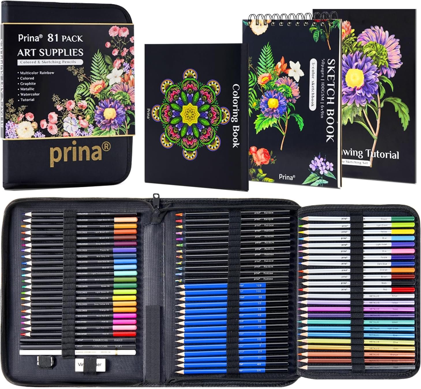 PRINA 81 Drawing Set Sketching Kit, Pro Sketch Pencils Art Supplies with Rainbow, Colored, Graphite, Watercolor, Metallic, Charcoal Pencil, Sketchbook, Coloring Book, Gift Case for Artists Adults Kids