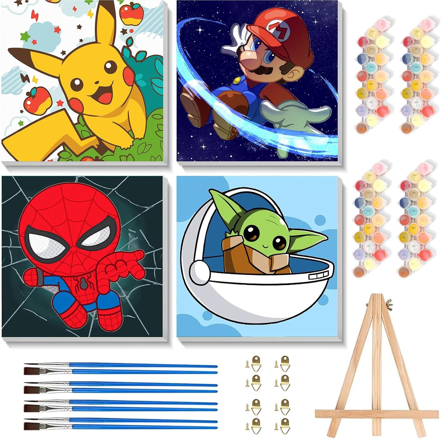 4 Pack Cartoon Paint by Numbers for Kids with Framed Canvas – Wooden Easel