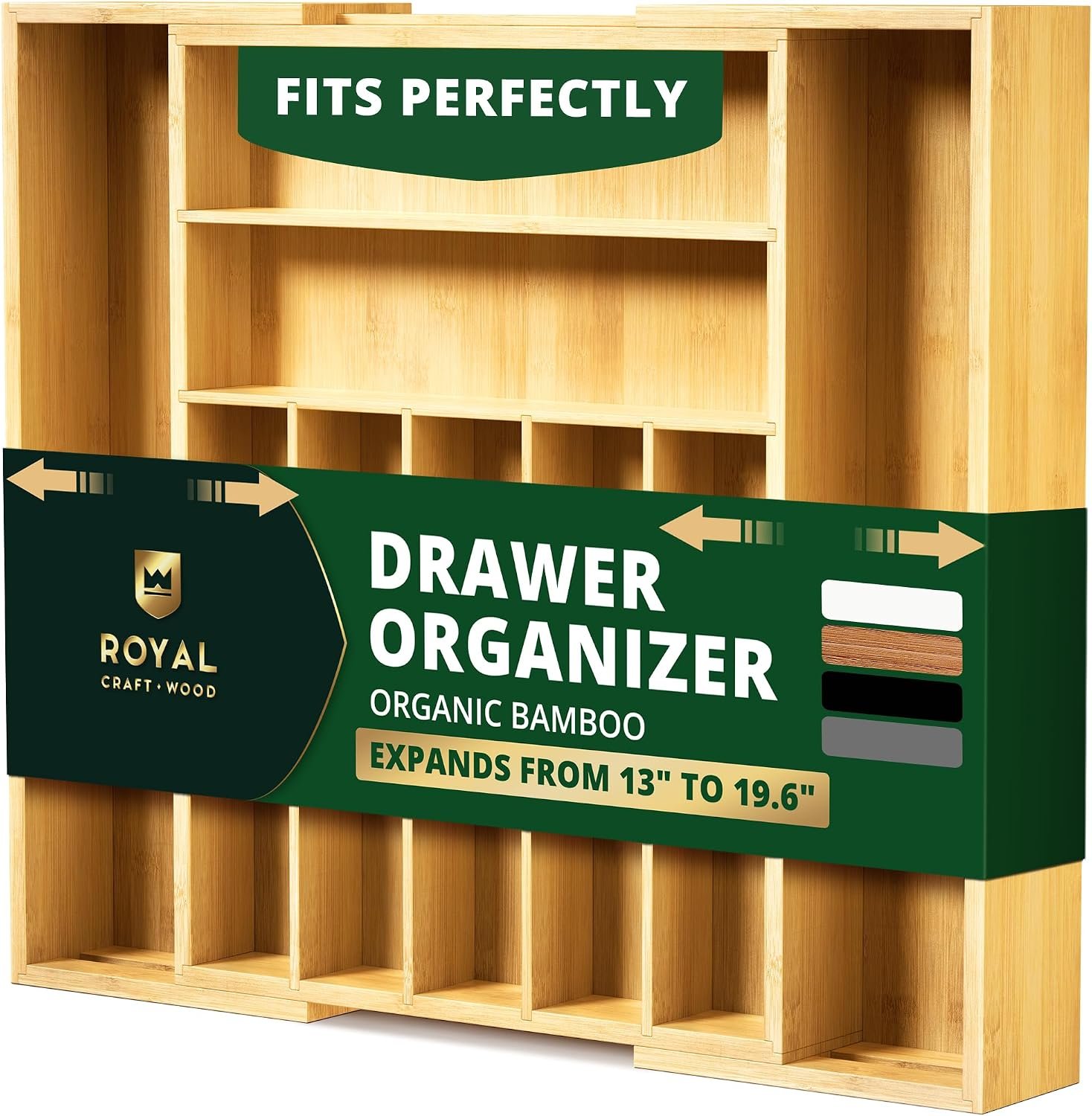 ROYAL CRAFT WOOD Luxury Bamboo Kitchen Drawer Organizer for Kitchen Organization – Silverware Organizer, Utensil Holder & Cutlery Tray Drawer Dividers for Flatware Silverware Storage, 9 Slot, Natural