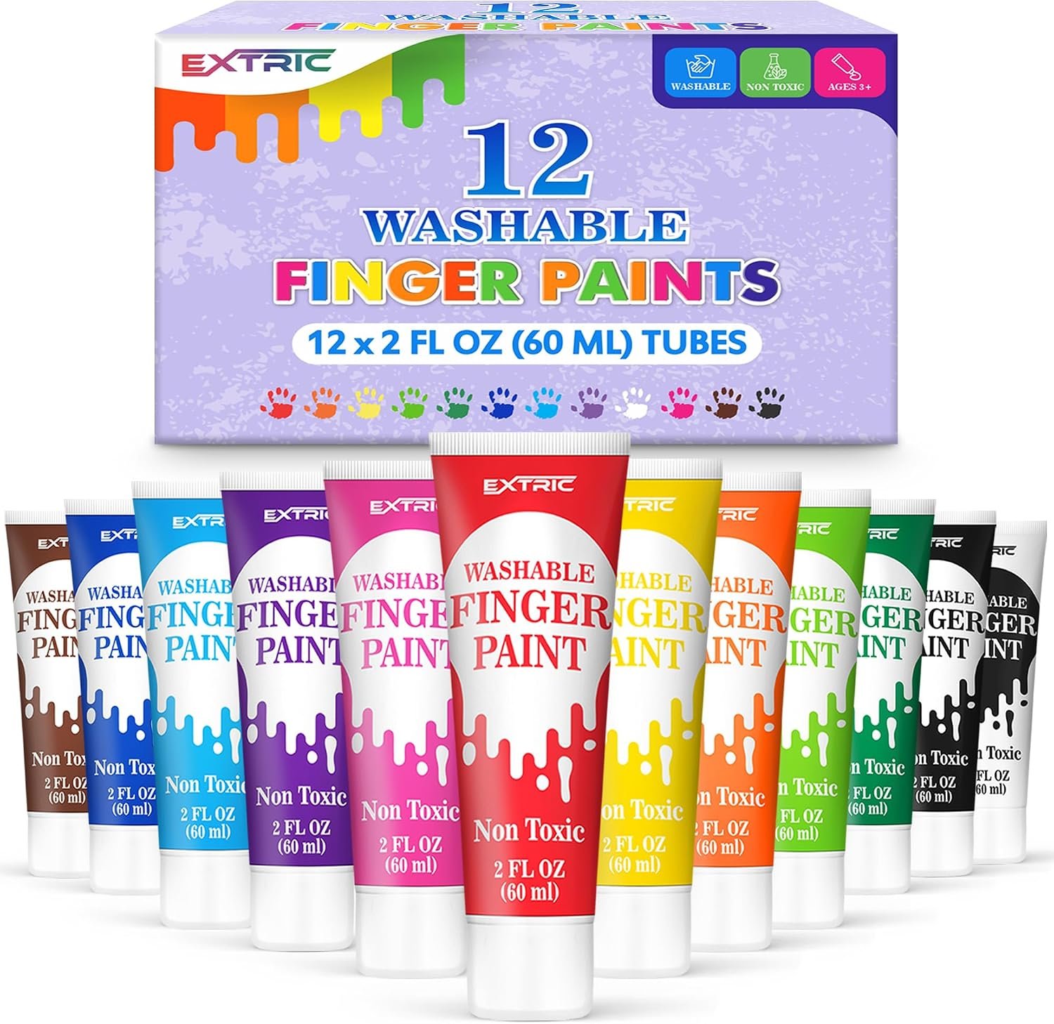 EXTRIC Finger Paint for Toddlers 1-3 Washable 12 PK, 2 OZ Tempera Paints