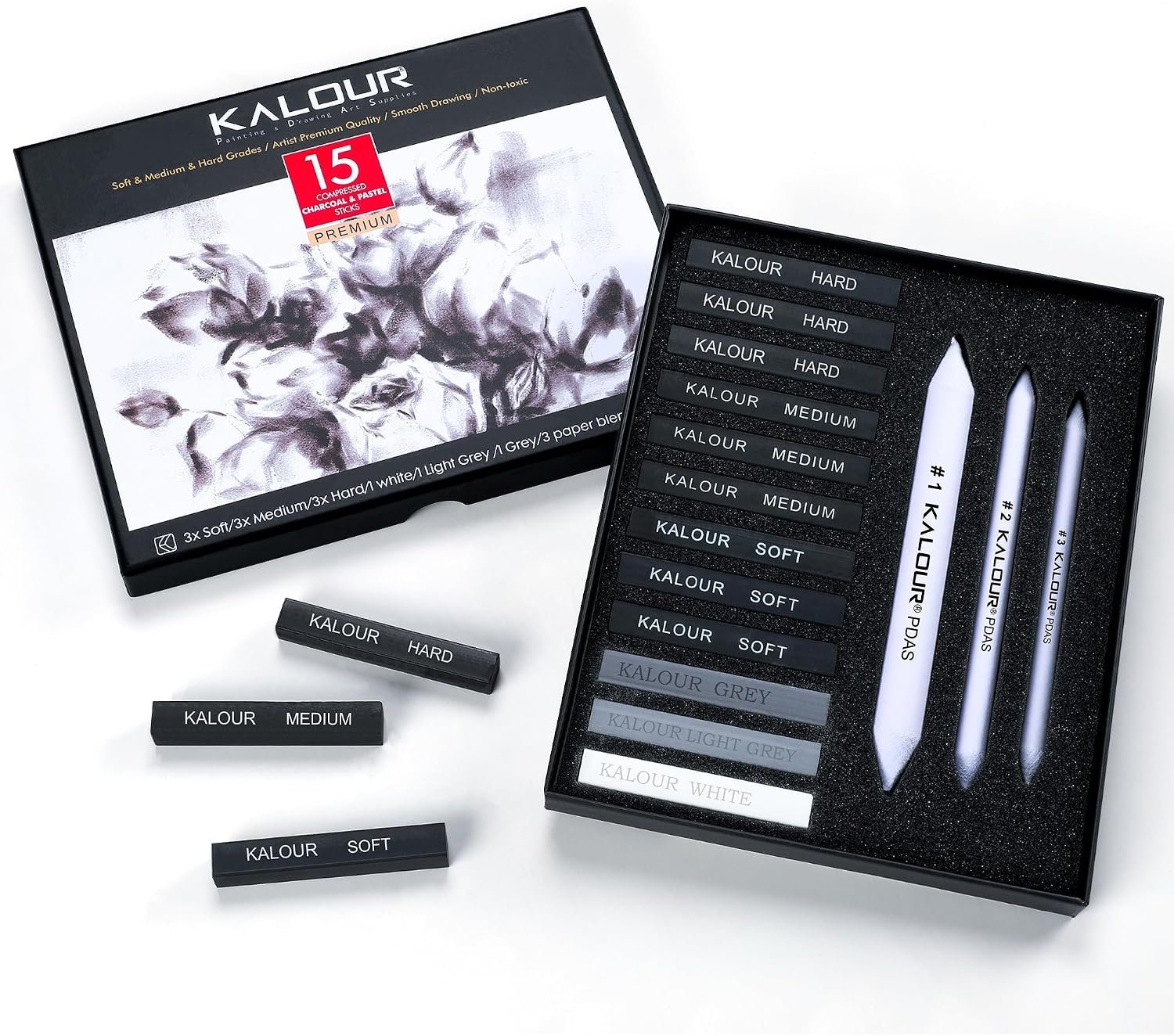 KALOUR 15 Pro Compressed Charcoal Drawing Set with Blending Stumps- Soft,Medium,Hard and White Charcoal – Charcoal Sticks for Drawing Sketching Shading – Art Supplies for Artists Beginners Adults