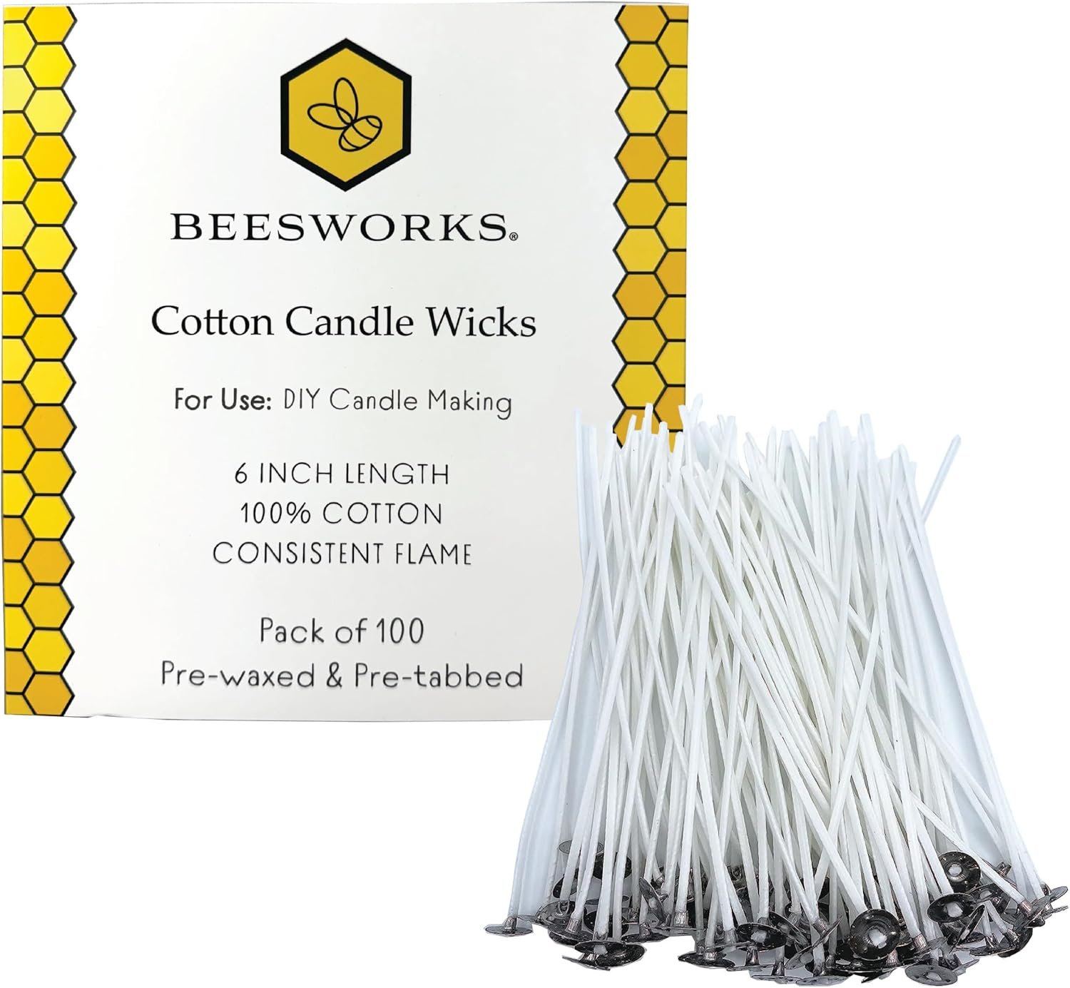 Beesworks 100 Piece Cotton Candle Wick 6″ Pre-Waxed for Candle Making, Candle DIY