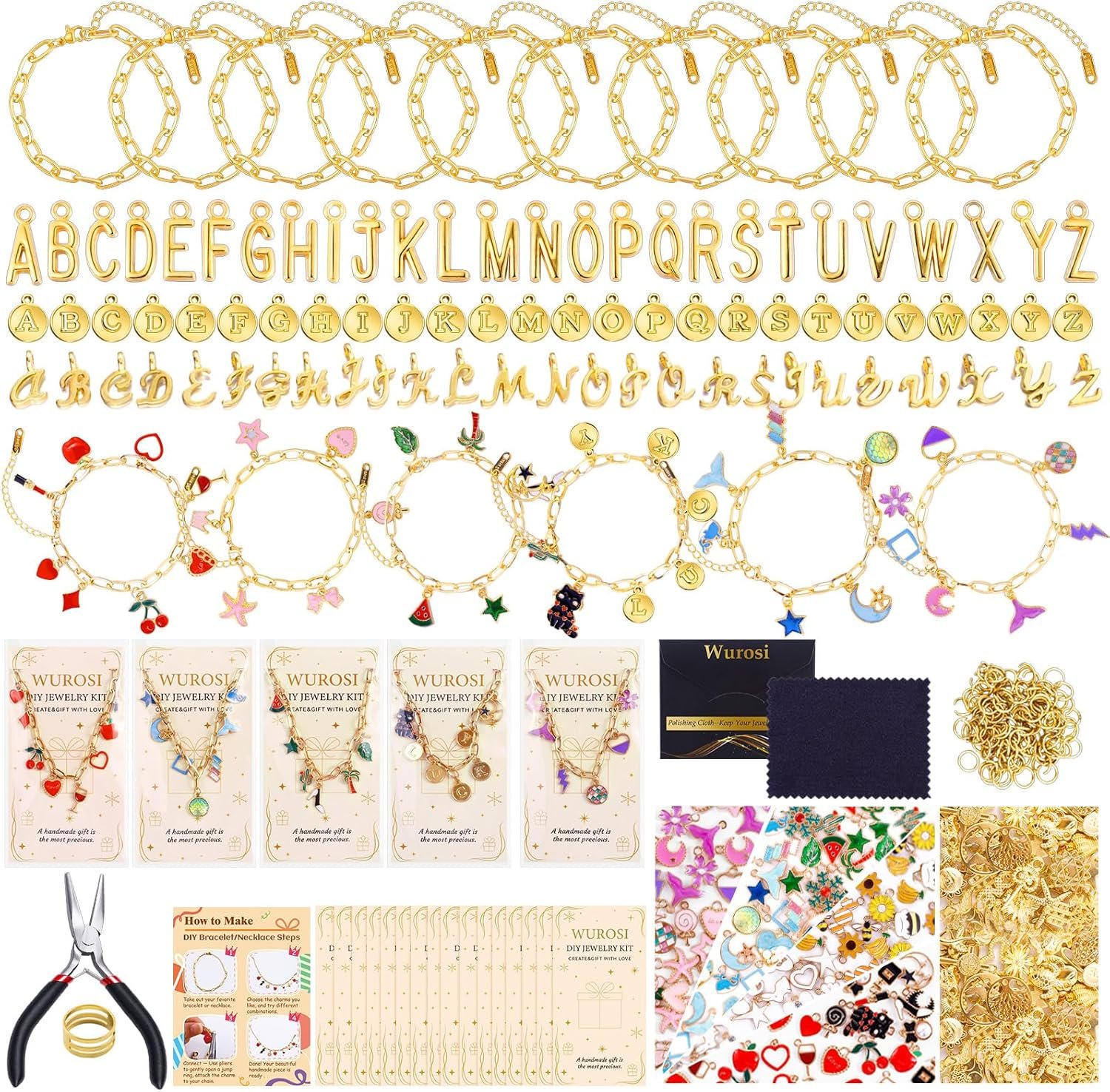 Wurosi 413Pcs Gold Charm Paperclip Charm Bracelet Making Kit for Beginner