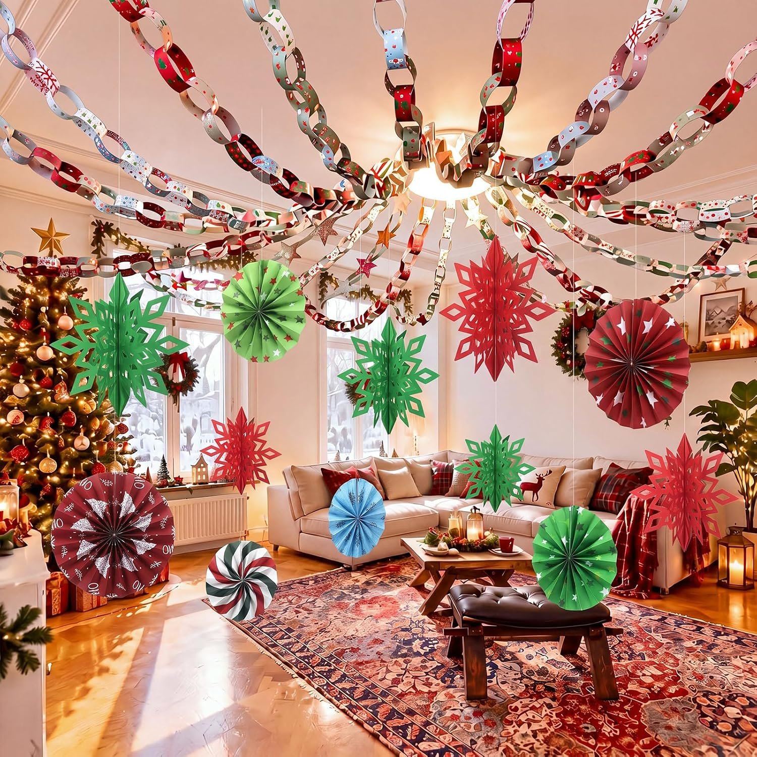 Yexiya 612 Pcs Christmas Paper Chain Strips 3D Snowflakes Fans