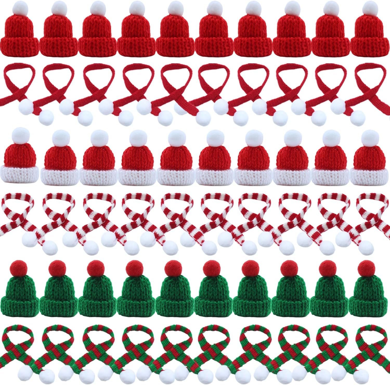 Mini Santa Hats and Christmas Scarf Set, 60Pcs Mini Hats for Crafts, Christmas Decorations for Tree Ornaments, DIY Arts and Crafts, Snowman Doll Decor (60PCS)