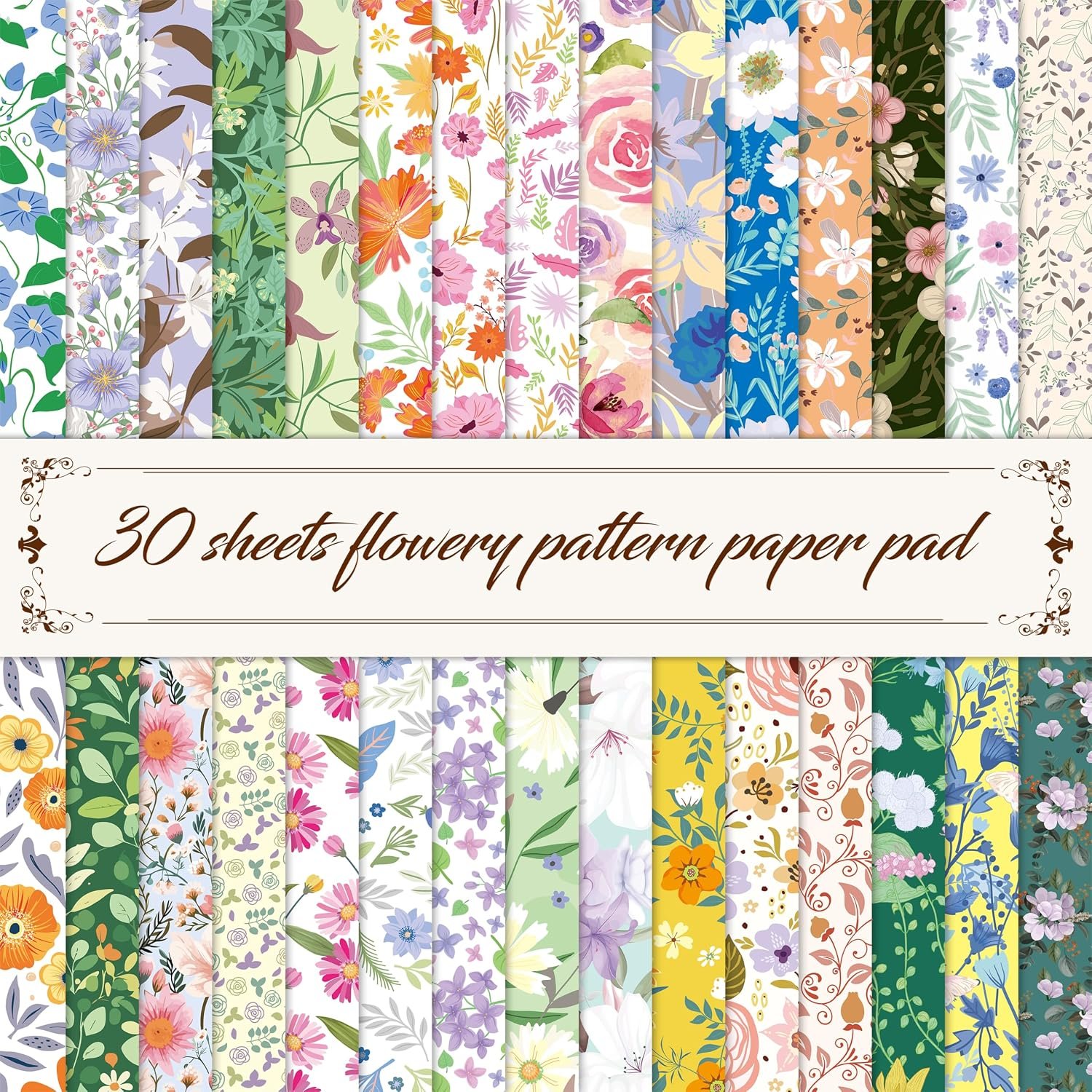 30 Sheets Flowery Pattern Paper Pad, Double-Sided Floral Scrapbook Paper with Vintage Greenery Design, Decorative Scrapbooking Supplies For Card Making, Album, Stamping, Background Decoupage