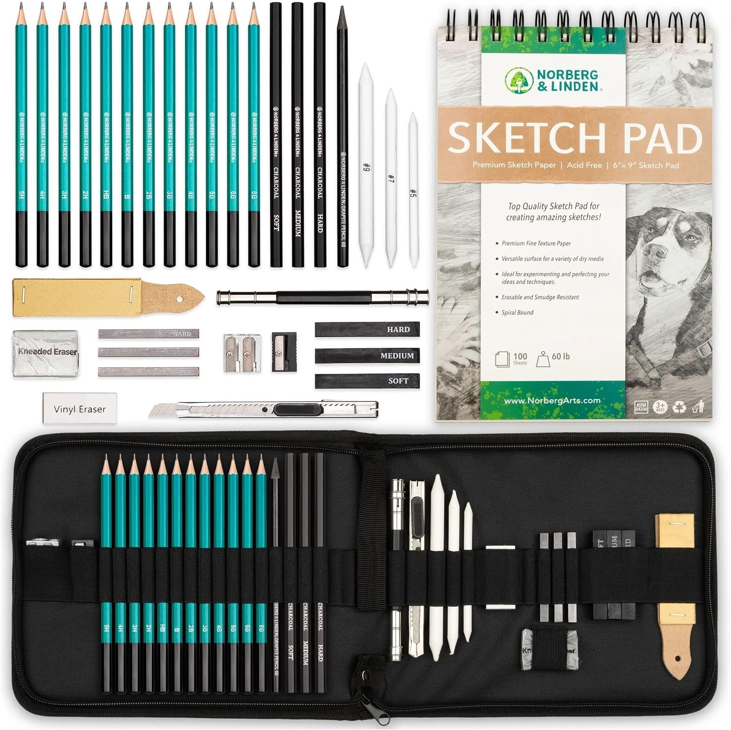 Norberg & Linden XL Drawing Set – Sketching, Graphite and Charcoal Pencils. Includes 100 Page Drawing Pad, Kneaded Eraser, Blending Stump. Art Kit and Supplies for Teens and Adults
