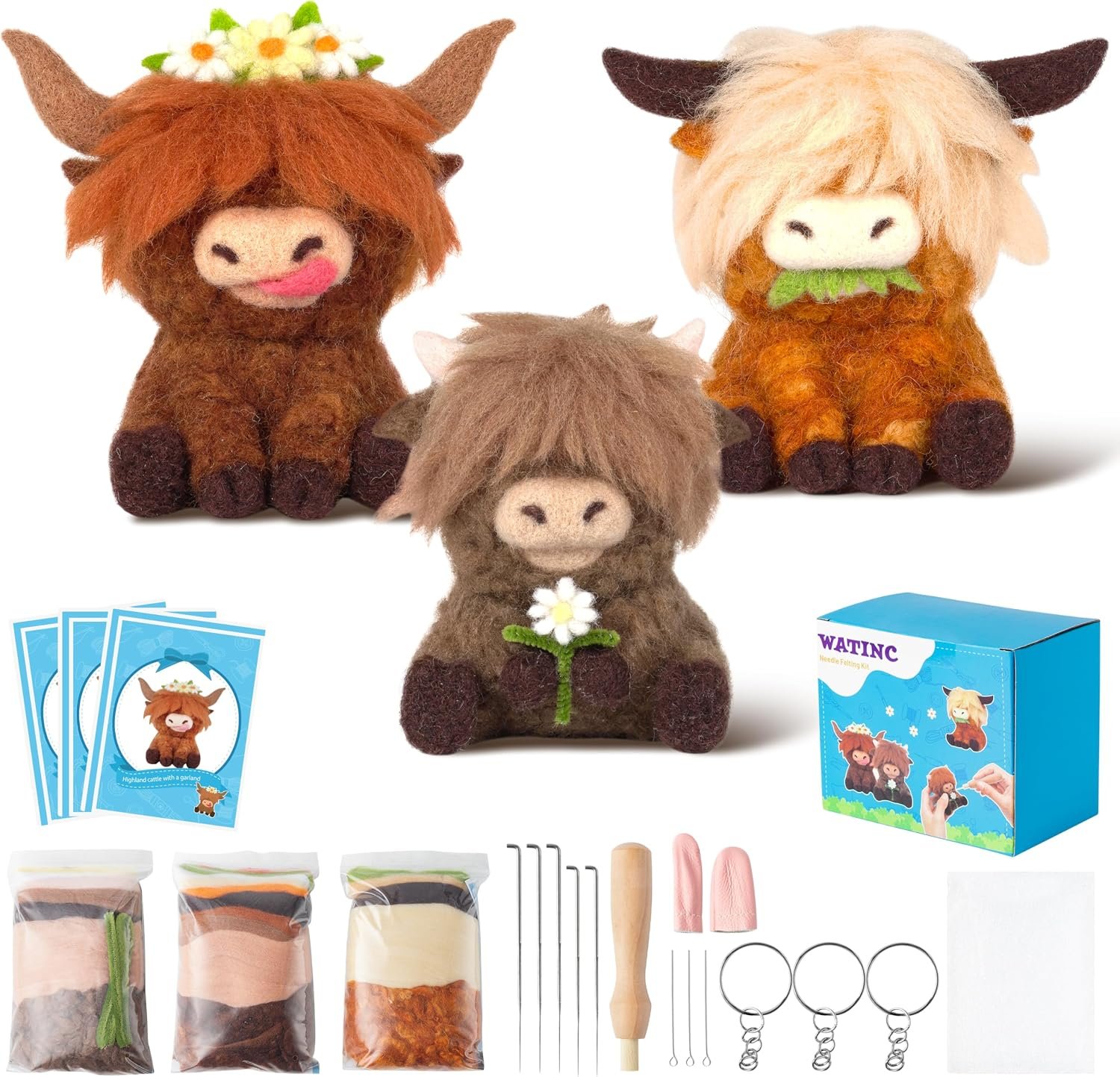 WATINC Needle Felting Kit – 3 Set Unique Different Cute Doll Wool Felt Needle Tools Foam Pad Instruction, DIY Home Decoration Craft Party Supplies for Art Work Starter Beginners (Highland Cow)