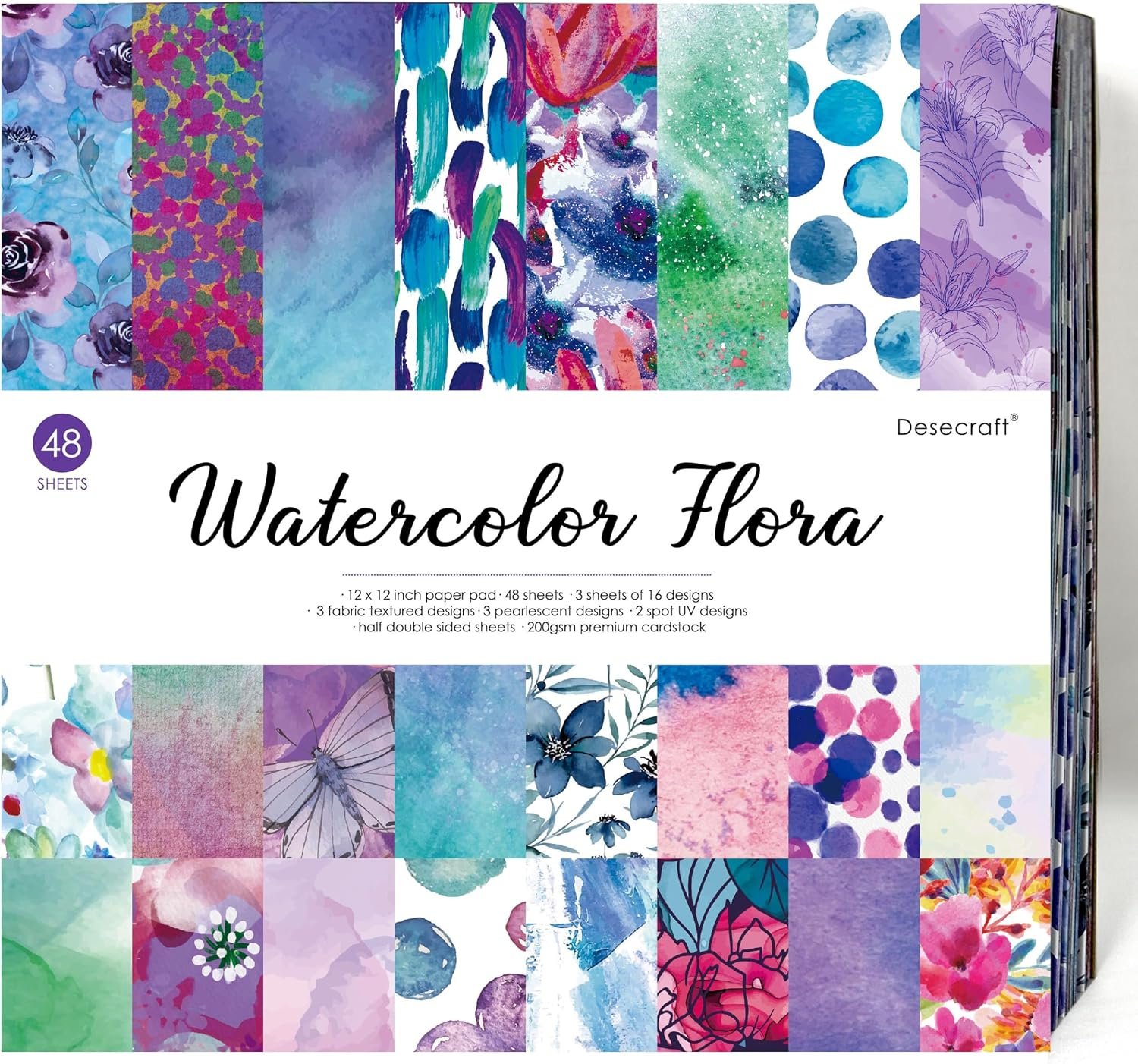 48 Sheets 12×12 Double Sided Patterned Cardstock — Watercolor Flora Scrapbook Paper Pack with Pearl Effect, Textured 200GSM Decorative Paper for Card Making Journaling Scrapbooking