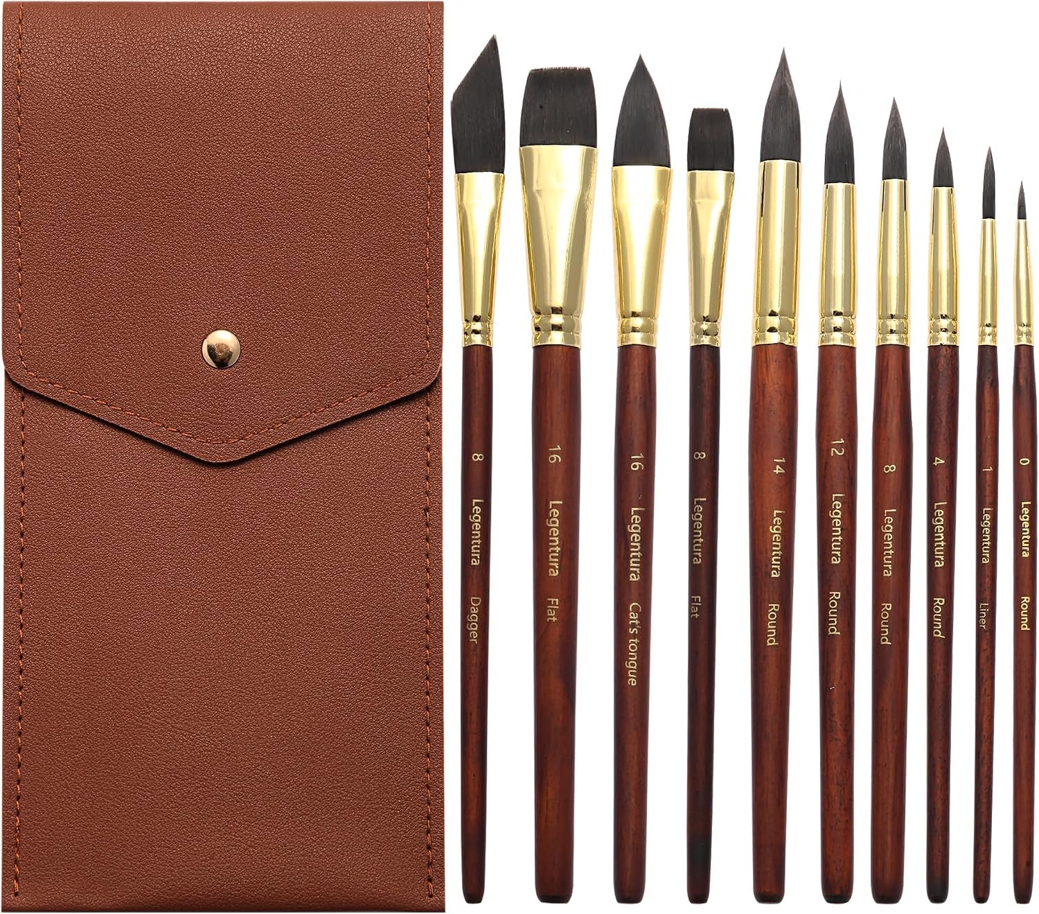Professional Watercolor Brushes Set, Legentura 10 Pcs Synthetic Squirrel Water Color Brushes with Leather Travel Case, Round Liner Flat Dagger Cat Tongue for Gouache, Ink, Acrylic, Adults & Beginners