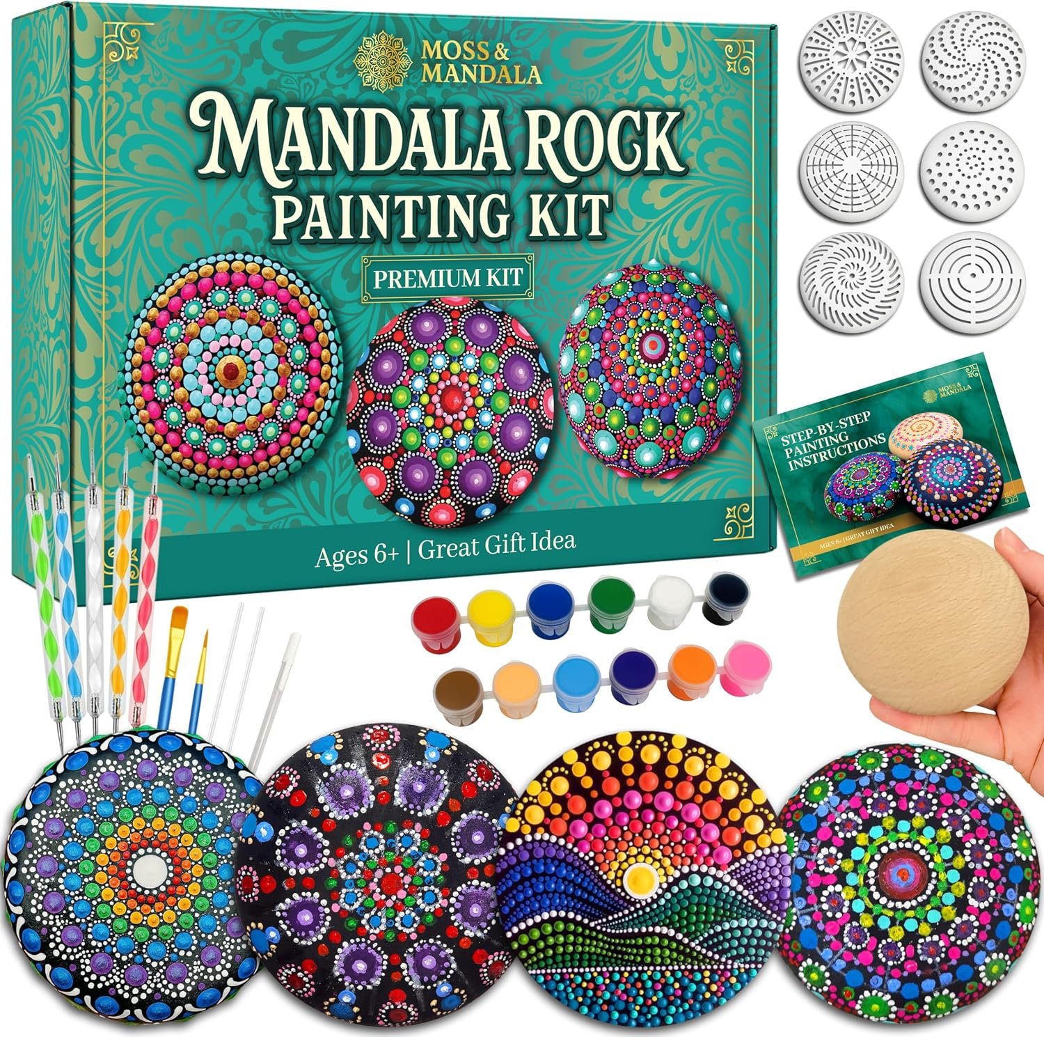 Mandala Rock Painting Kit – Mandala Dotting Tools Set – 5 Large Wooden Rocks + 6 Stencils + Acrylic Paints – Relaxing Arts and Crafts for Adults Women – DIY Hobbies Art and Projects Dot Art Kit
