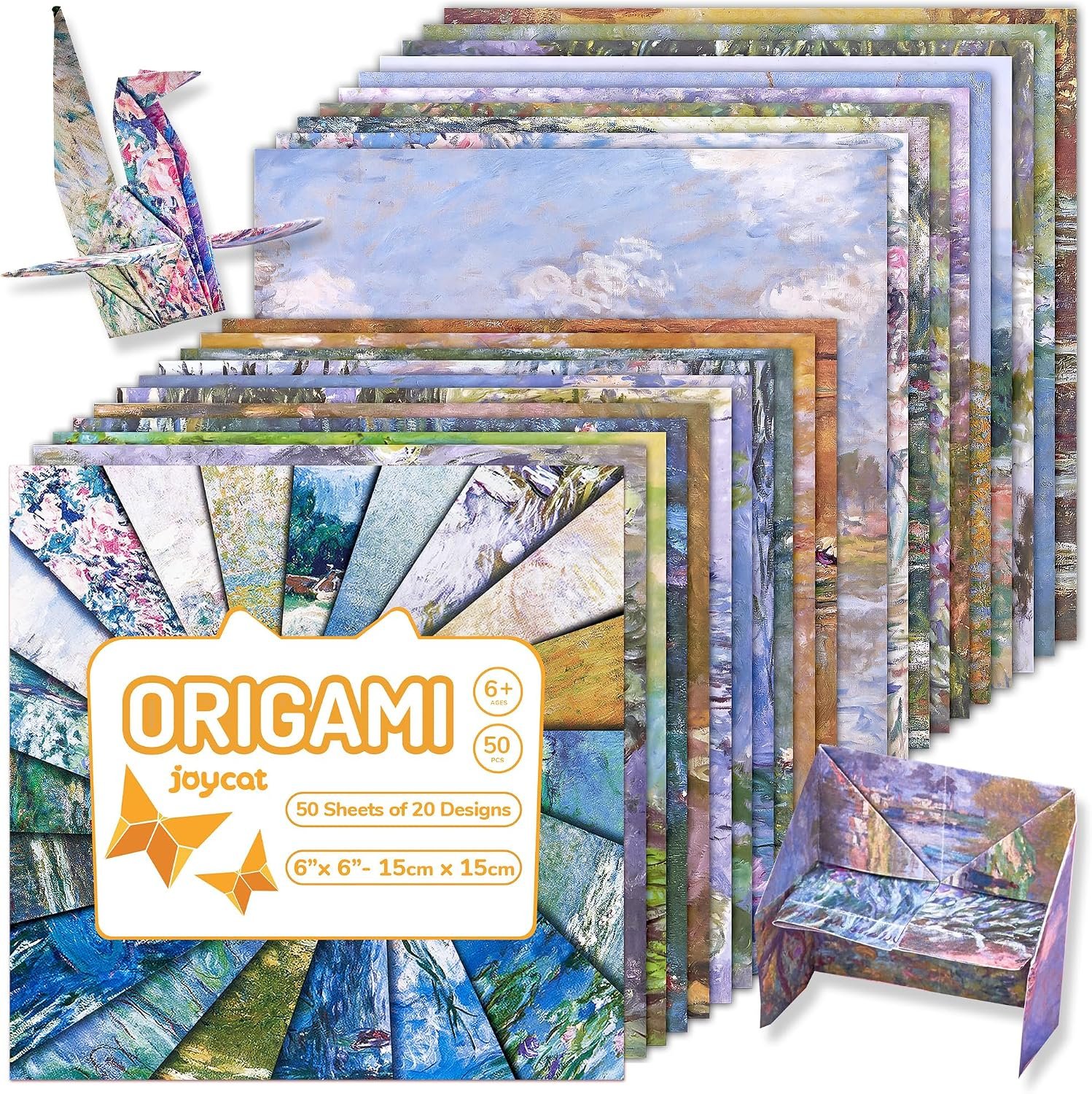 JoyCat Monet Patterned Origami Paper, 50 Double-Sided Sheets, 6×6 Inch