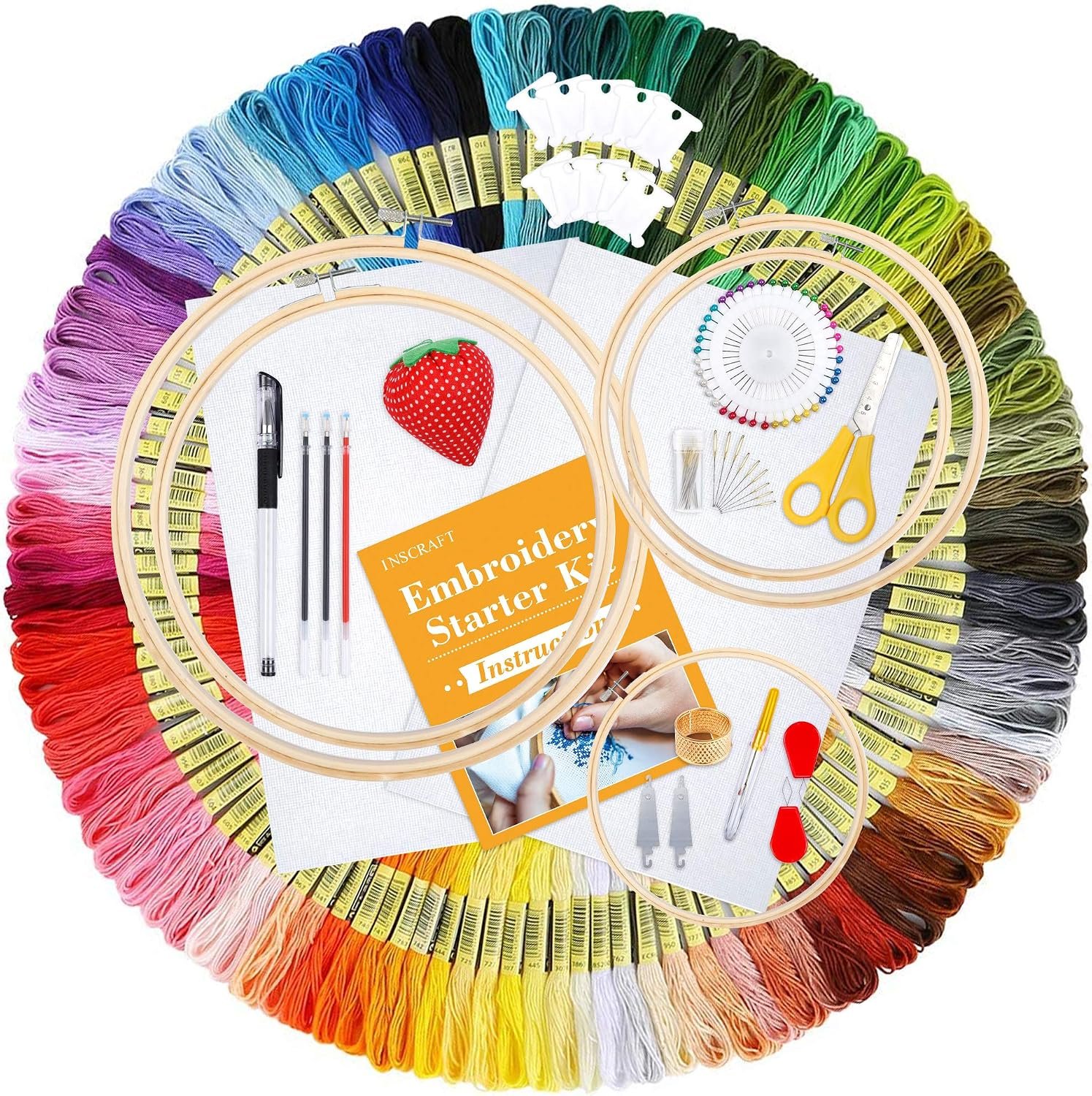 INSCRAFT 304 Pack Embroidery Kit, 200 Colors Threads, 5 Pcs Bamboo Embroidery Hoops, 2 Pcs Aida Cloth, Instructions, Bag and Cross Stitch Tools Set, Hand Embroidery Starter Kit for Beginners Adults
