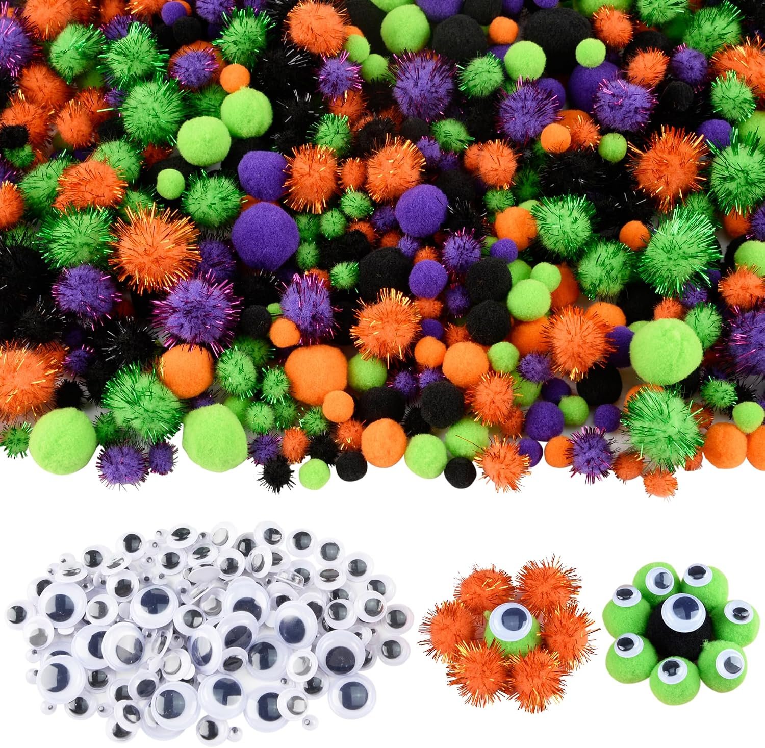 Qumenan 1000 Pieces 4 Sizes Halloween Pom Poms Crafts Assorted Glitter Pom Poms and Wiggle Eyes for DIY Hobby Supplies Halloween Party Decorations (Black, Orange, Purple,Green)