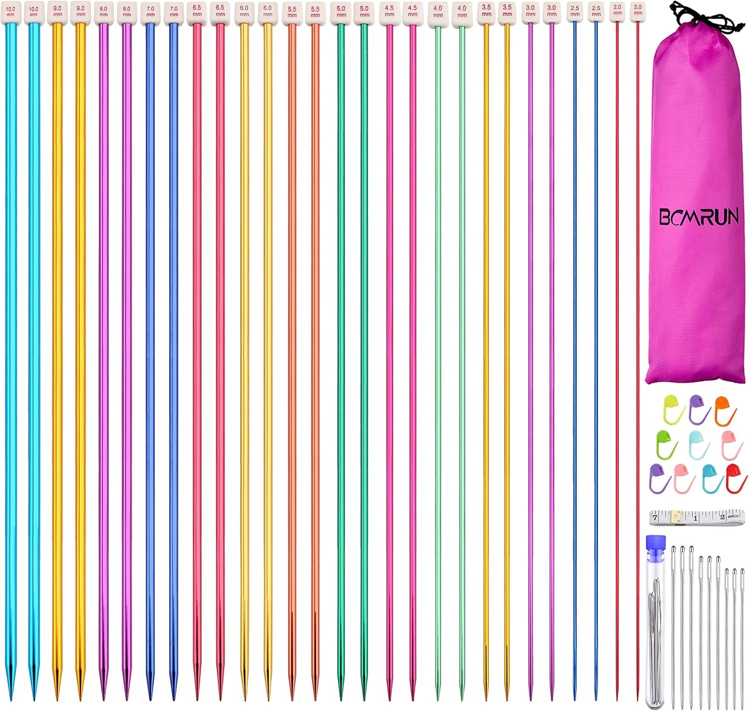 BCMRUN 28Pcs/14 Pairs Stainless Steel Knitting Needles Set, Colored Straight Single Pointed Metal Knitting Needles, 14 Size from 2.0mm-10.0mm, 13.8 Inches Length for Handmade DIY Knitting (35cm)
