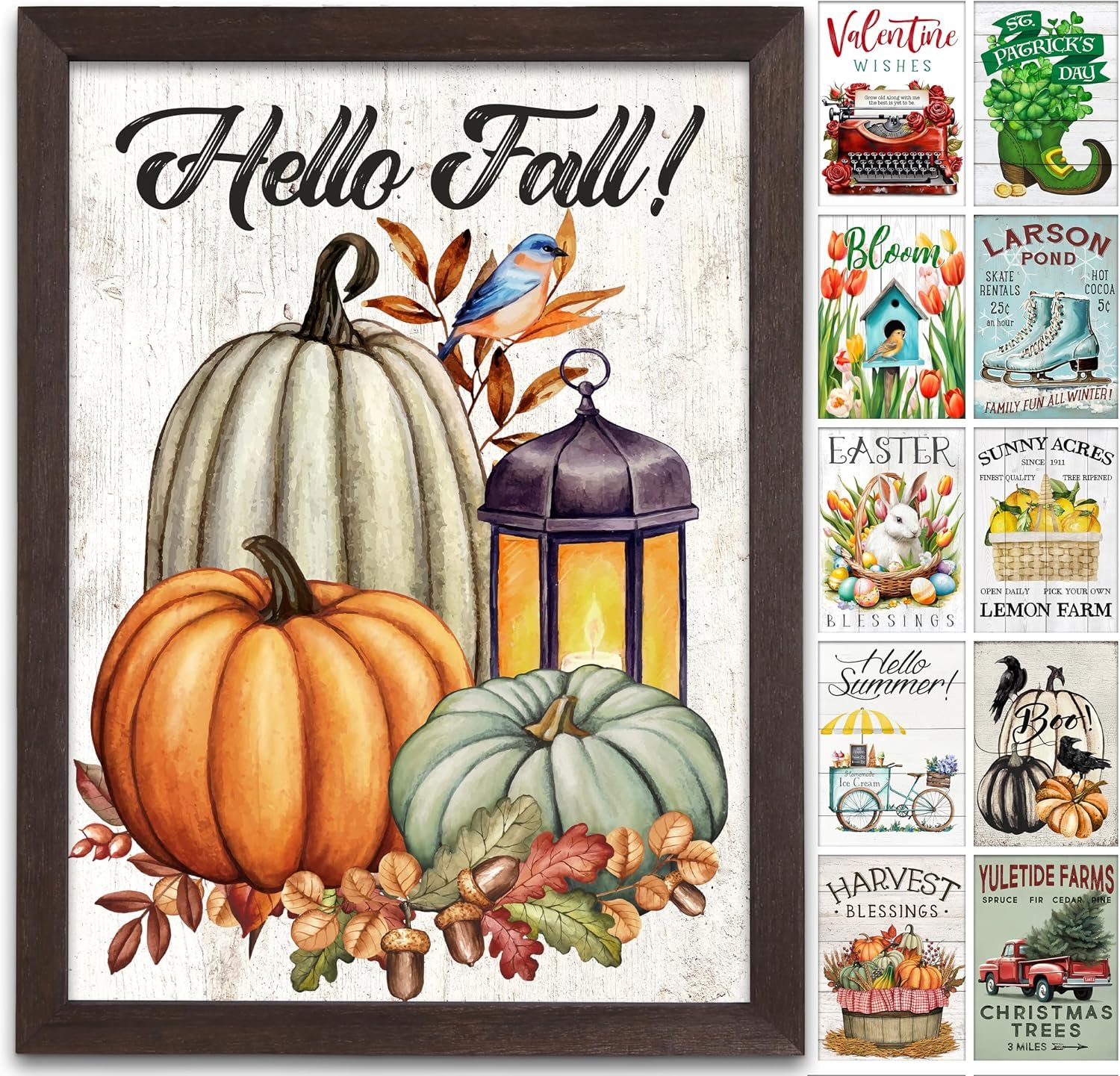 Farmhouse Wall Decor for your Home – 12×16 Rustic Wood Frame with 14 Interchangeable Sayings for the 4 Seasons, Christmas, Easter, Thanksgiving & July 4