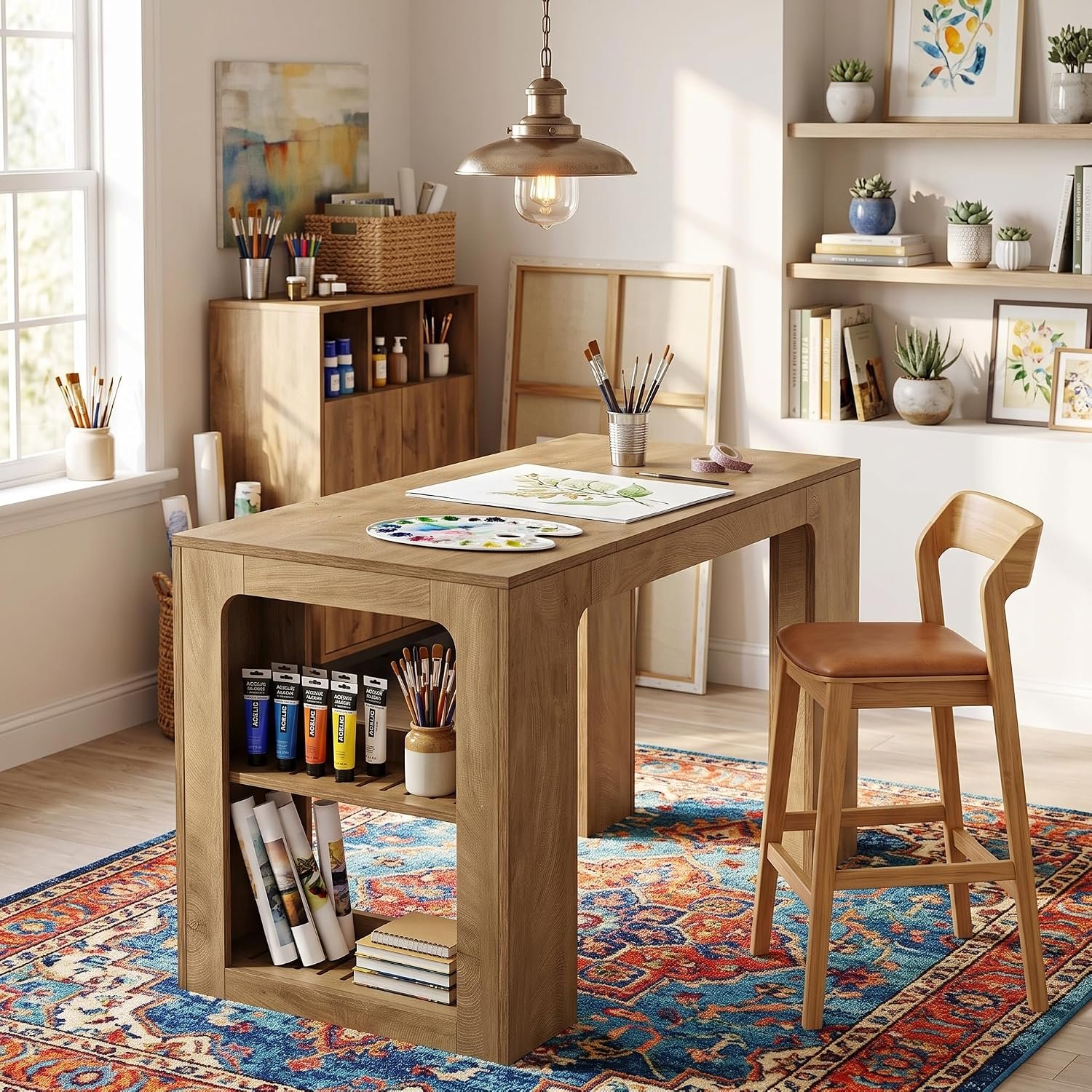 Tribesigns Wooden Craft Table with Storage, Counter Height Worktable, Brown