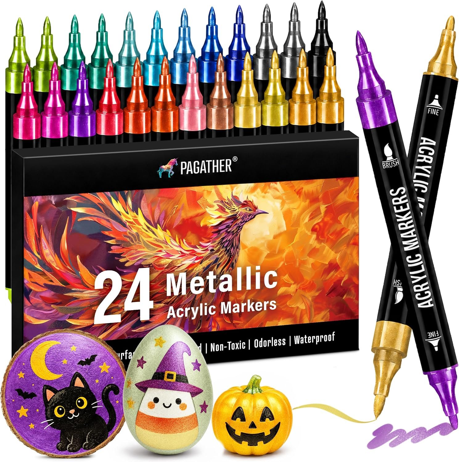 Pagather Metallic Acrylic Paint Markers, 24 Colors Dual Tip Pens Set