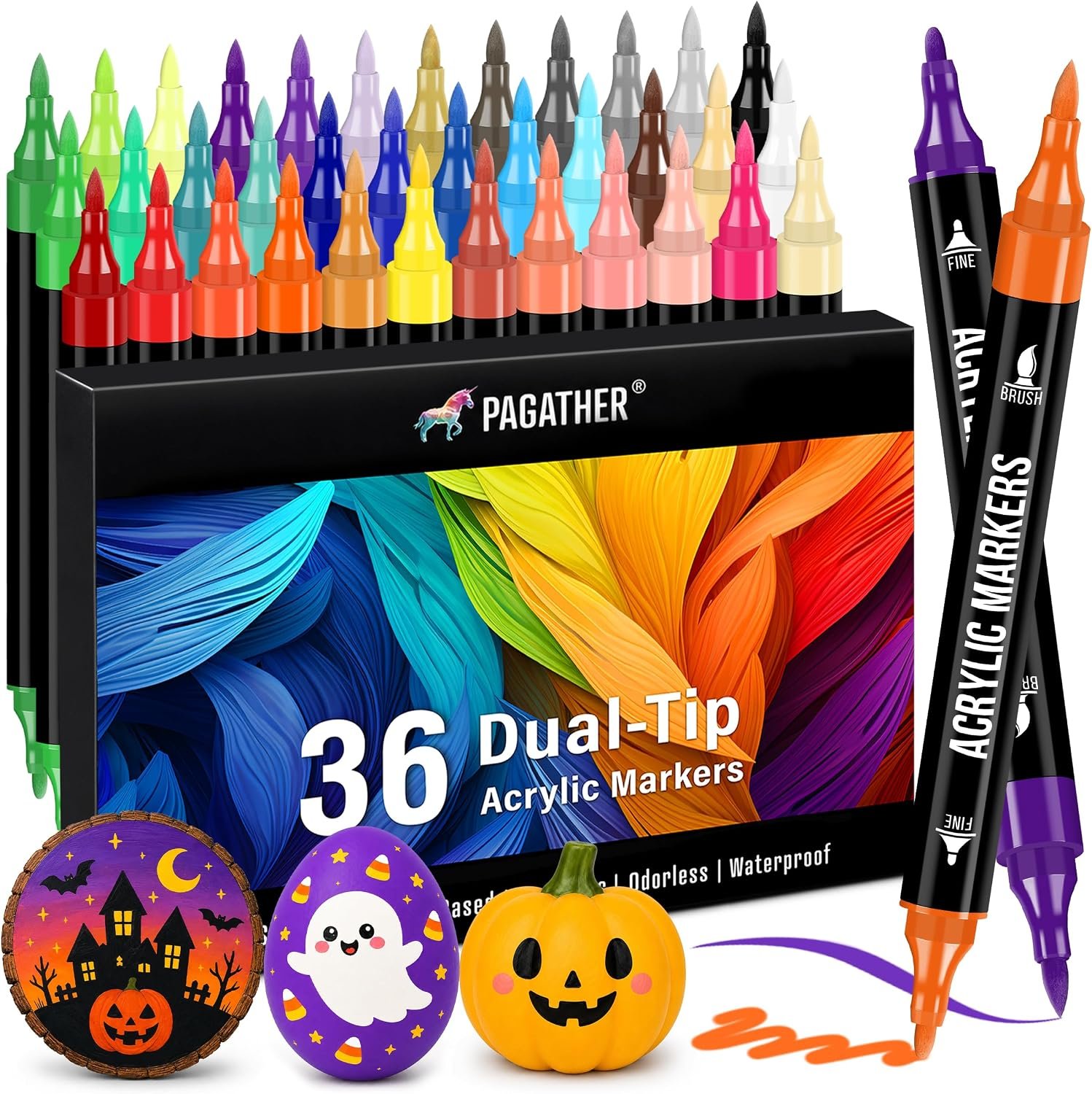 Pagather Acrylic Paint Markers, 36 Colors Dual Tip Fine & Brush Pens Set