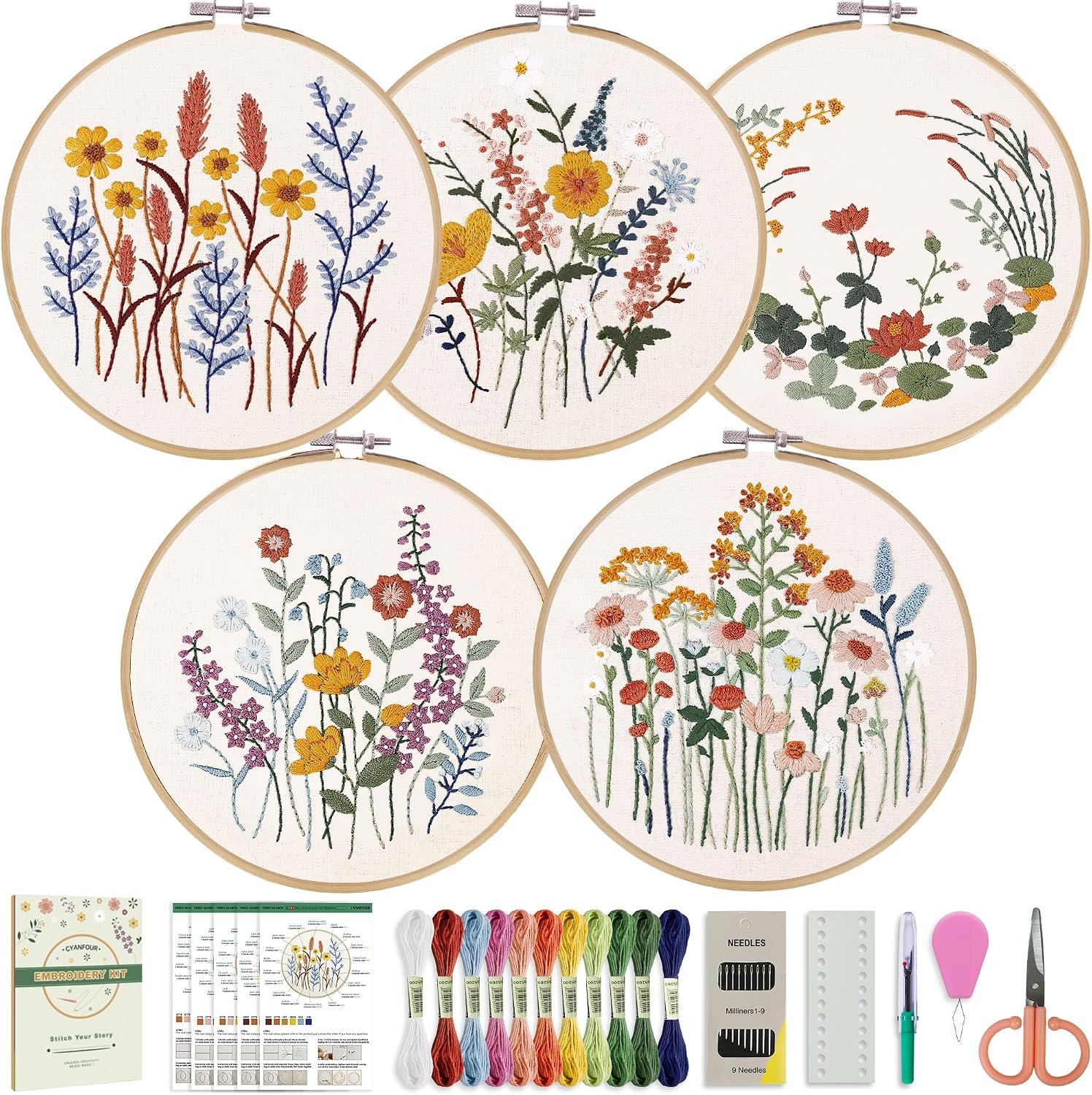 CYANFOUR 5 Pack Beginner Embroidery Kit for Adults with Video & Instruction