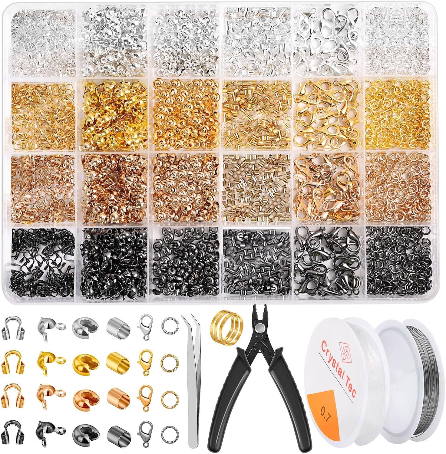 Acejoz 2165 Pcs Crimp Beads for Jewelry Making, Incliding Crimp Bead Covers, Crimp Tubes, Knot Covers, Jump Rings,Wire Guardians, Crimping Pliers, Elastic String for Bracelets Necklaces Making