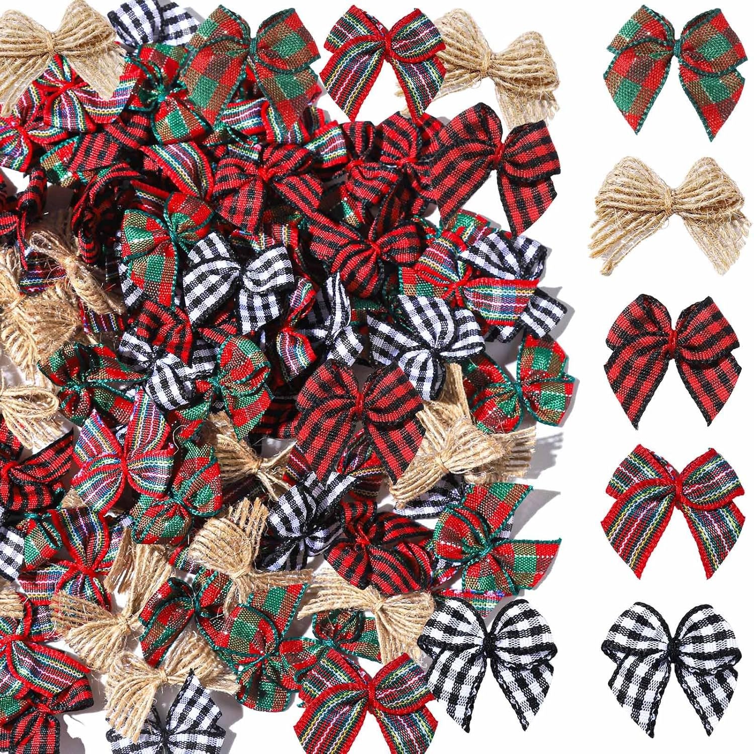 YGDZ 100 PCS Mini Christmas Bows, Small Plaid Ribbon Bows for Crafts, 1 Inch Tiny Buffalo Plaid Burlap Bows for Christmas Decor, Gift Wrapping, Christmas Tree Ornament Bows