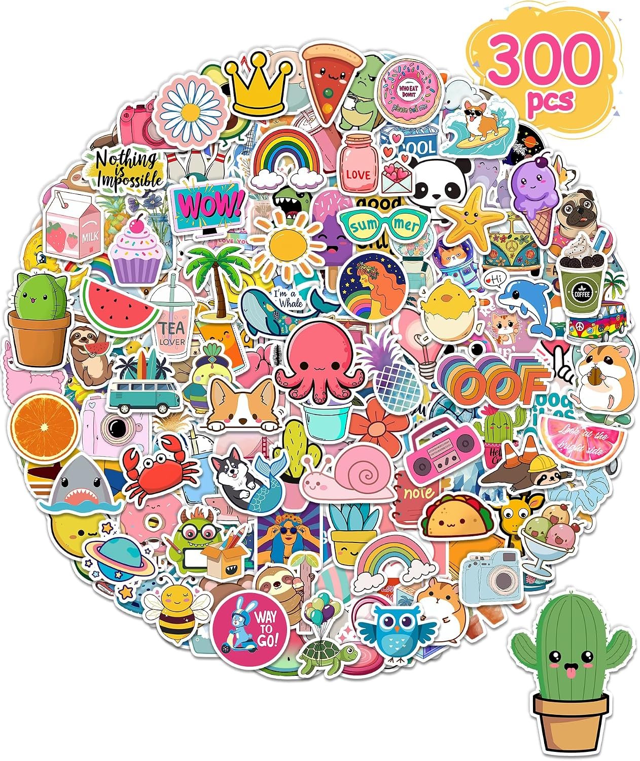 300 Pcs Stickers for Kids, Cute Vinyl Waterproof Stickers for Water Bottle