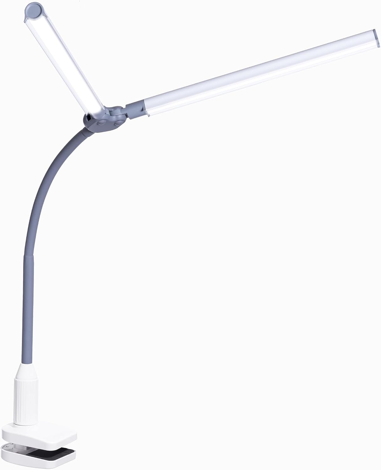 DuoPro Clamp LED Lamp – 6,000K Daylight, 2,100 Lux at 12″, 4 Brightness Levels, Anti-Glare Shades, Adjustable Arm, Slim Design, Perfect for Sewing, Reading, Crafts, Beauty Treatments – Grey/White