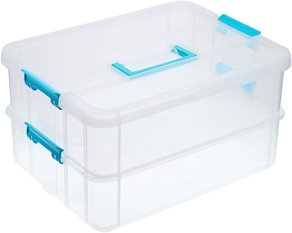 BTSKY 2 Layer Stack & Carry Box, Plastic Multipurpose Portable Storage Container Box Handled Organizer Storage Box for Organizing Stationery, Sewing, Art Craft, Jewelry and Beauty Supplies Blue