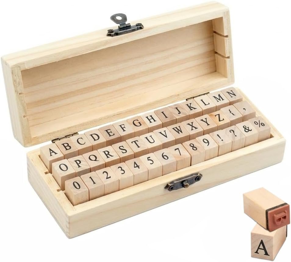 42 Pcs Alphabet Rubber Stamps Set – Vintage Wooden Letter and Number Stamps with Symbols for DIY Crafting, Scrapbooking Supplies, Aesthetic Journaling, Card Making & Personalized Stationery