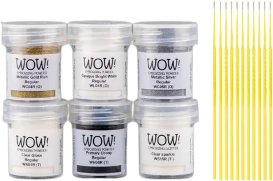 Wow! Embossing Powder Starter Kit – The 6 Essentials (Gold Metallic, Silver Metallic, Bright White, Ebony, Clear Regular and Clear Sparkle) with Trebbies Detail Sticks
