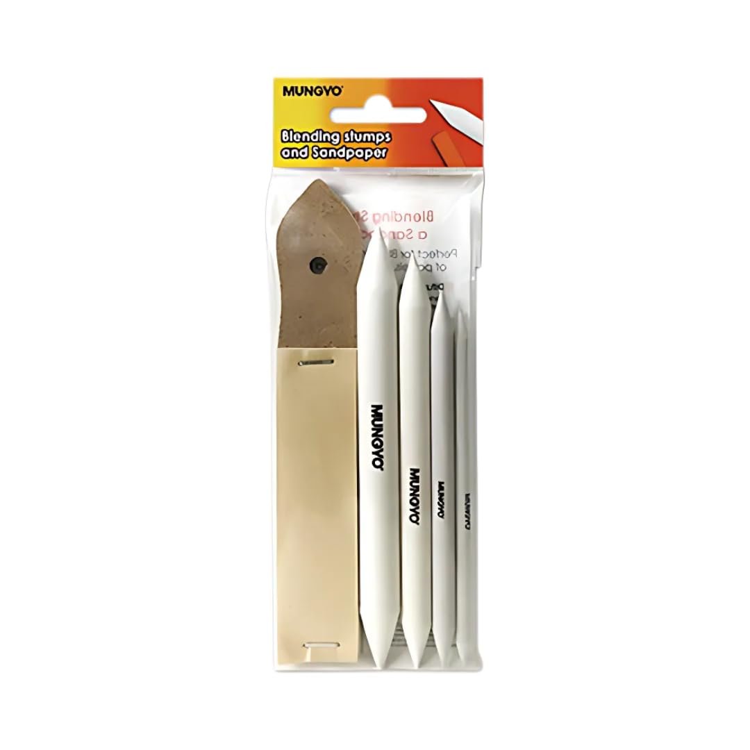 MUNGYO Blending Stumps and Sandpaper Set – 4 Sizes for Blending & Shading Pastels, Charcoal, and More – Includes Sandpaper Sharpener