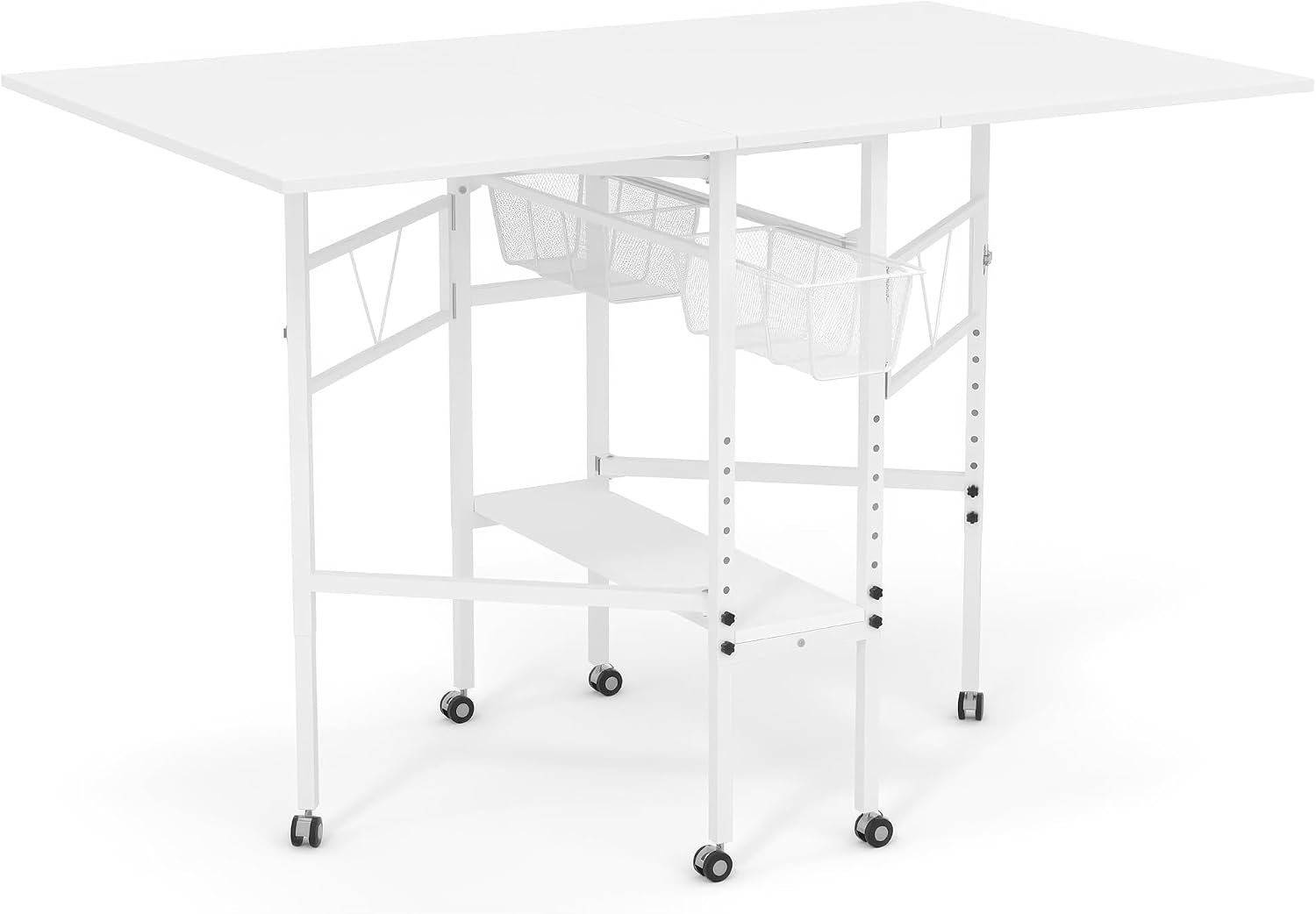 Sew Ready Folding Adjustable Height Sewing Craft Table with Drawers, White