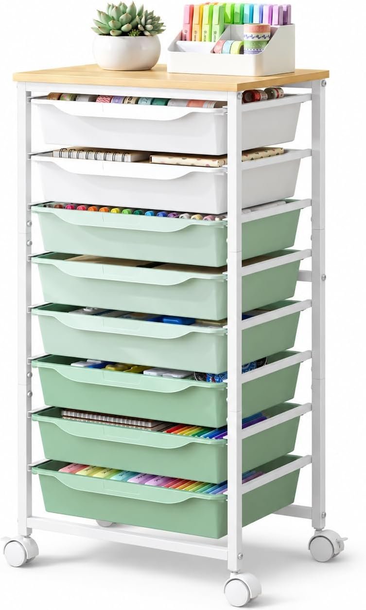 Kitsure Rolling Storage Cart with 8 Drawers,Craft Organizers, 30.3″H, Green