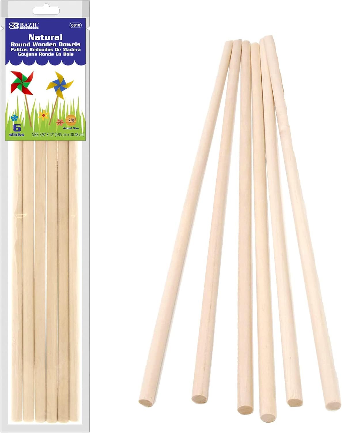 BAZIC Wooden Dowel Rods Wood Sticks, 3/8″ x 12″ Round Natural Color Hardwood Stick, Unfinished Wood for Crafts Lollipops Cake Support (6/Pack), 1-Pack