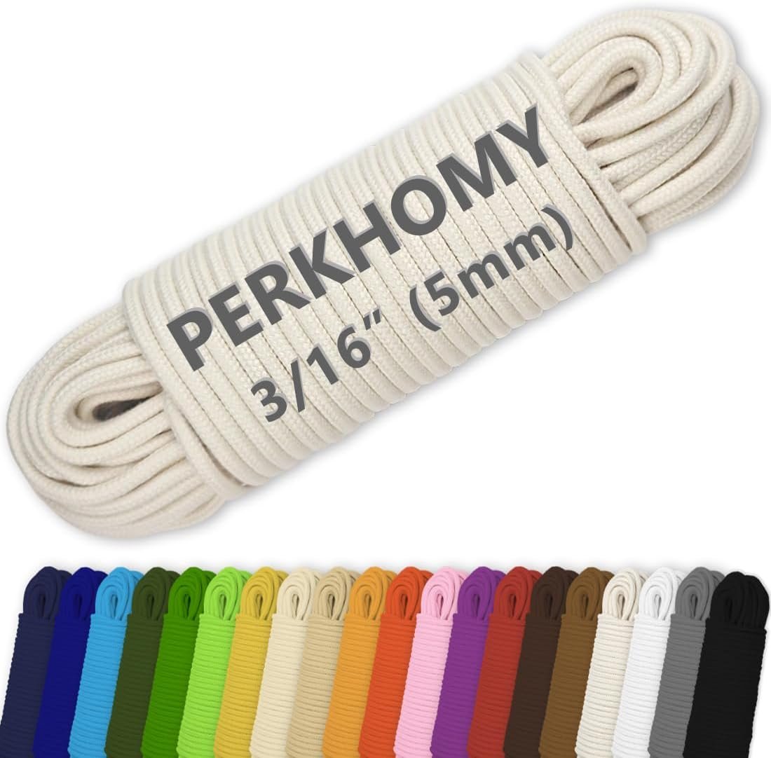 PerkHomy 100 ft 3/16″ (5mm) Cotton Rope Multi Purpose Utility Diamond Braided Cord, Natural Cotton for Clothes Line Camping Crafting Flag Pole, Natural White