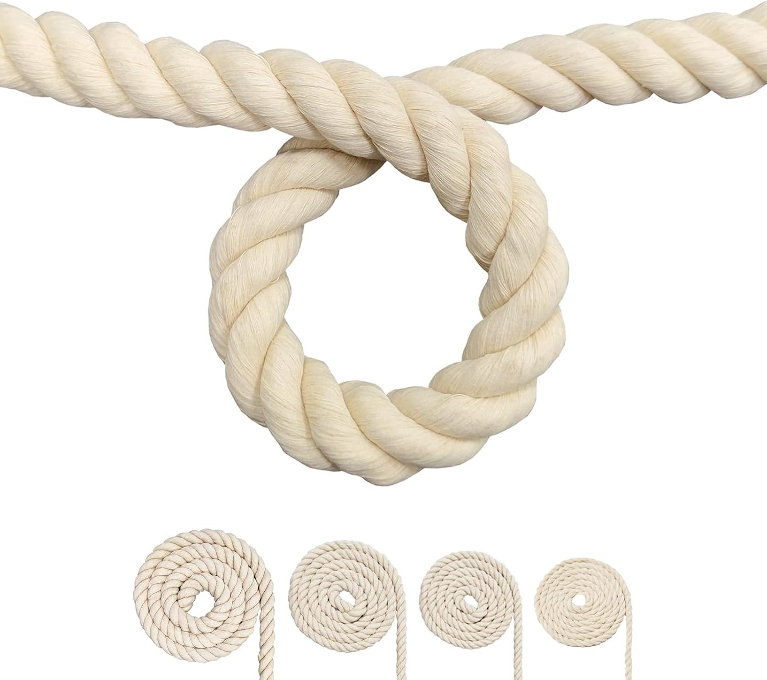 Cotton Rope, Black Cotton Cord, 3 Strand Twisted Macrame Cord (Beige, 20mm x 16 Feet)