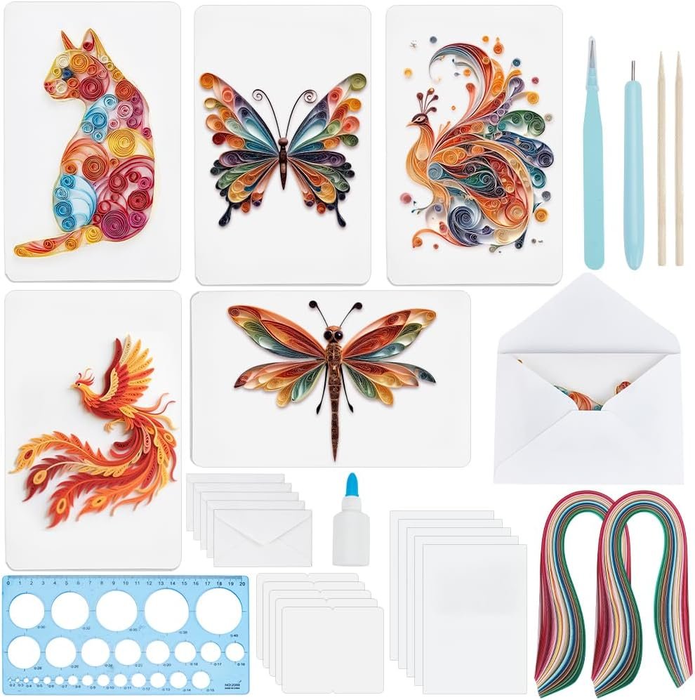 WEBEEDY 20 Sets DIY Animal Quilling Cards Kit for Adults 5 Styles Cat,Butterfly,Dragonfly Quilling Card Making with Blank Cards,Strips,Quilling Tool and Instruction Thanksgiving Christmas Wedding Gift