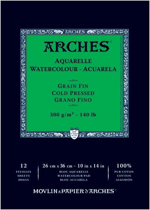 Arches Watercolor Pad 9 x 12 inches Natural White 100% Cotton Paper – 12 Sheet Arches 140 lb Cold Press Pad.