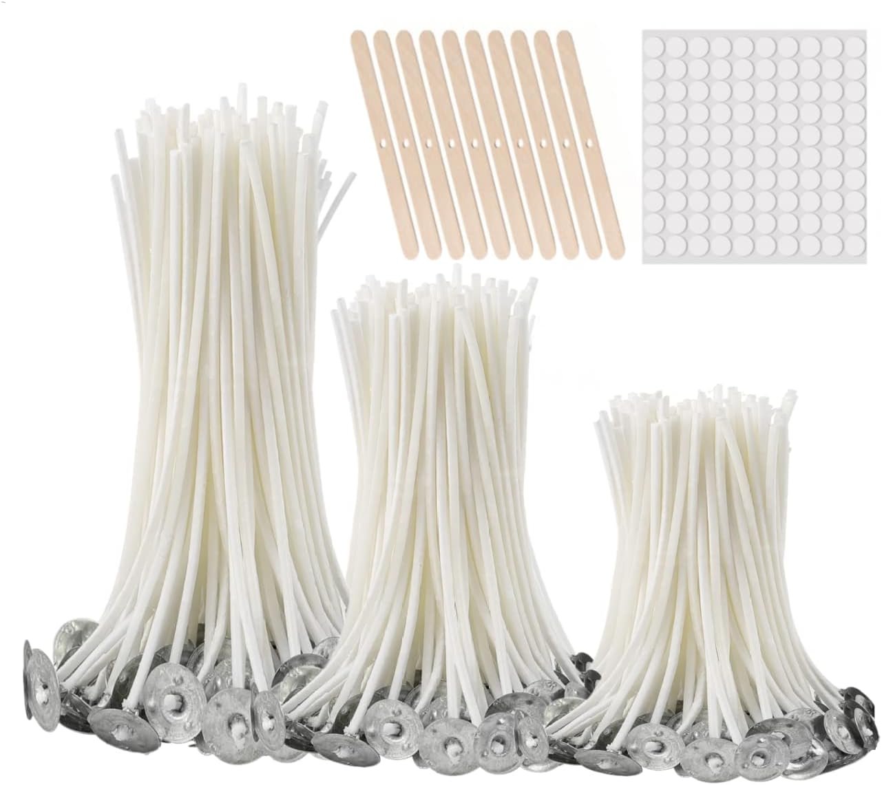 buluker 300Pcs Functional Smokeless Candle Wicks – Pre Waxed Cotton Wick with Metal Sustainer Tabs for Pillar Candle Making and DIY(2mm/3.5″+6″+8″)