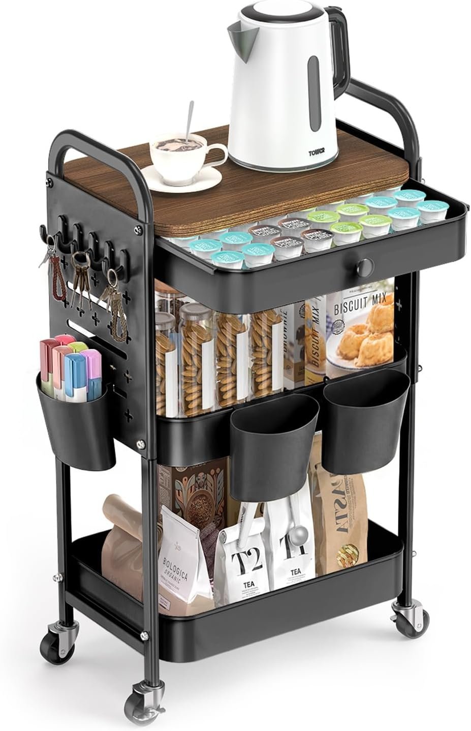 ALVOROG 3 Tier Metal Rolling Cart with Drawer,Wood Top,Pegboards,Black