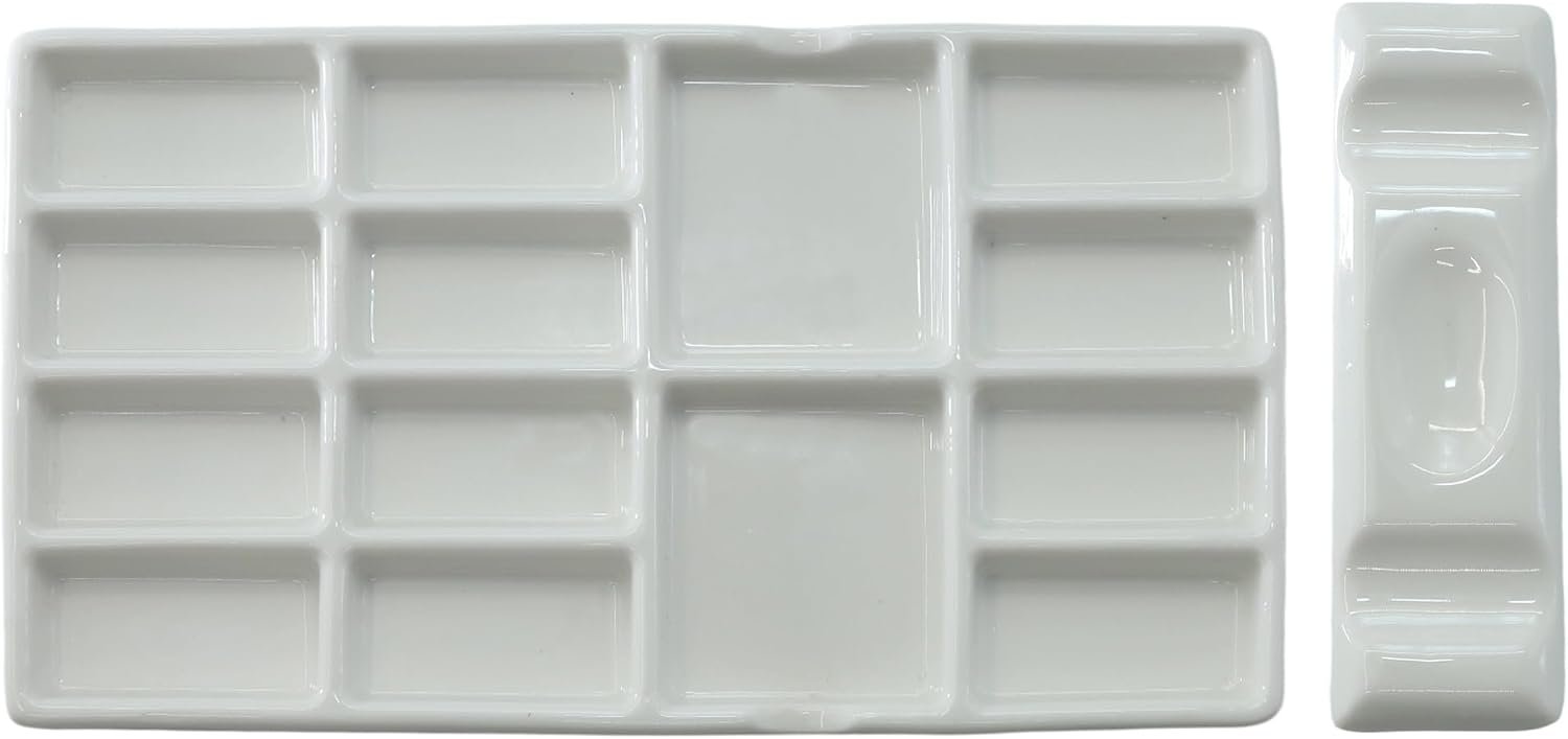 14-Well Ceramic Paint Palette, Porcelain Watercolor Painting Palette, Porcelain Paint Tray，Ideal for Watercolor Tin and Painting Supplies。（2ps）