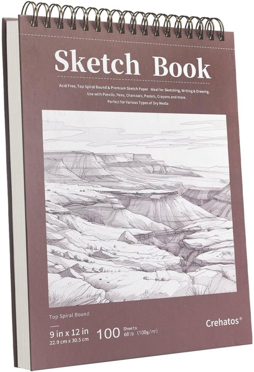 Crehatos 9″ x 12″ Sketch Book, Top Spiral Bound Sketch Pad, 100 Sheets 68lb/100gsm Drawing Paper, 1 Pack